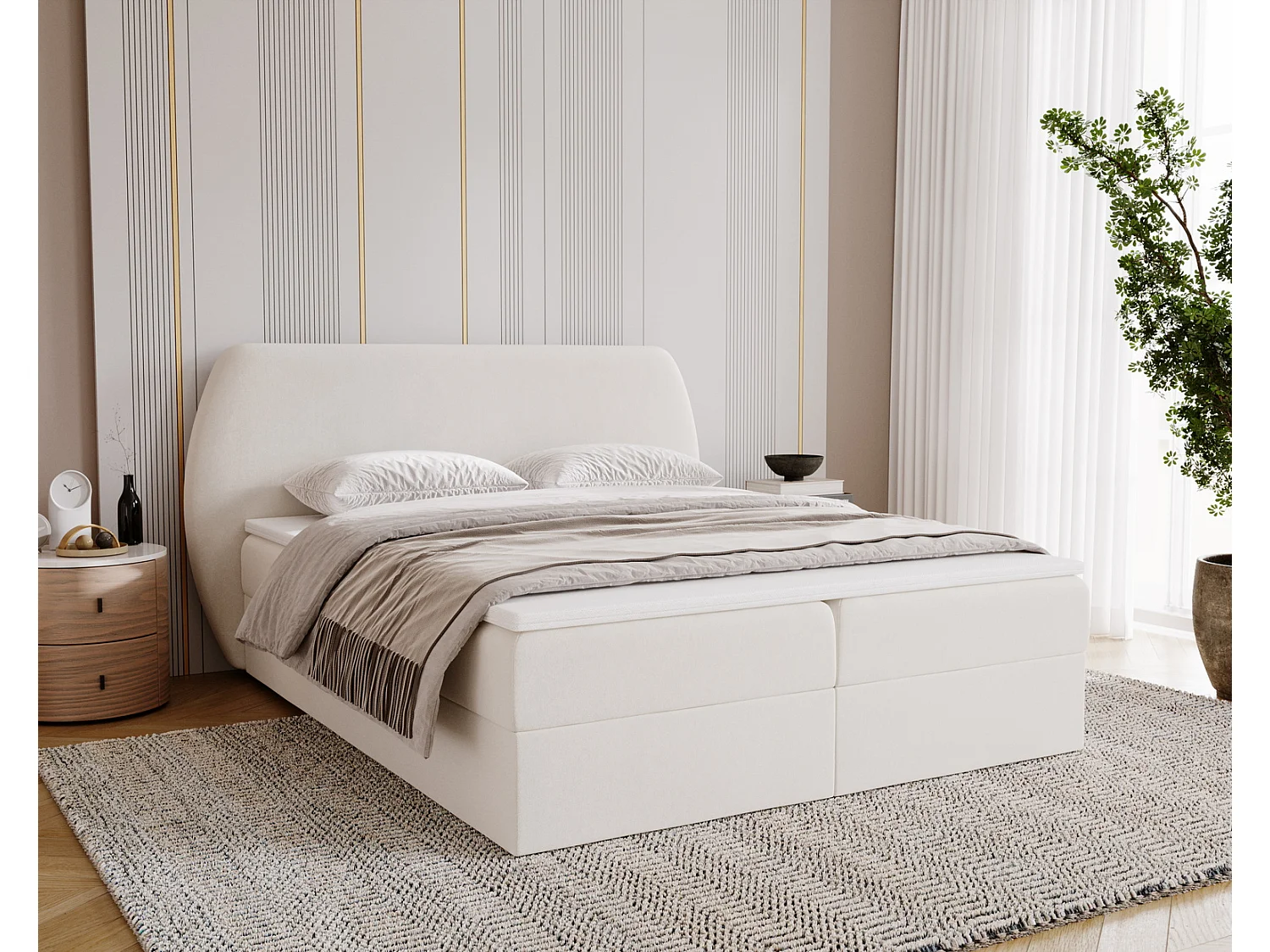 Boxspringbed 160x200 Cartagena - bed met geïntegreerde veringmatras, topper, opbergruimte - gestoffeerd bed crème (Komodo 10)