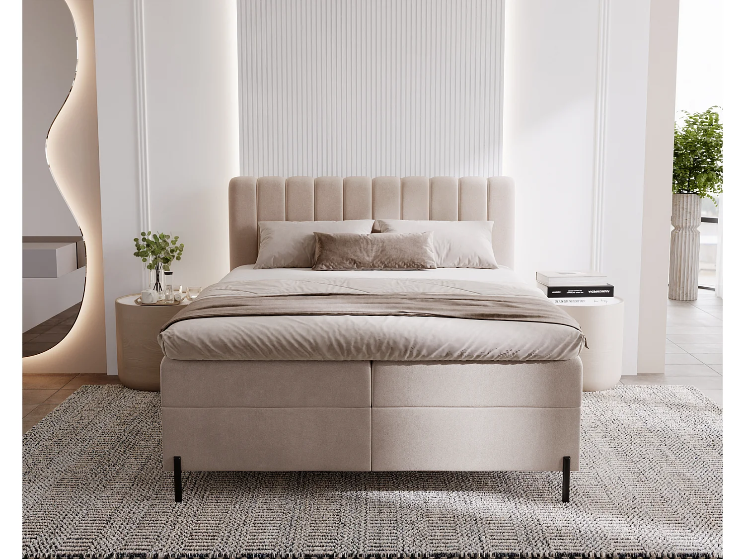 Tweepersoonsbed 160x200 Florence Box, gestoffeerd bed met opbergruimte - bed met matras en topper, beige (Komodo 11)