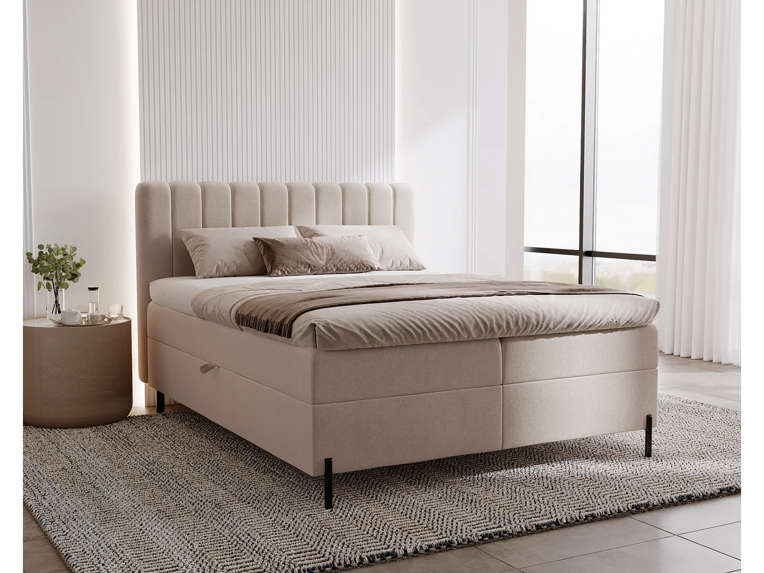 Lit adulte 160 x 200 Florence Box - Lit avec Rangement et Matelas Ressorts ensachés, Lit Beige (Komodo 11)