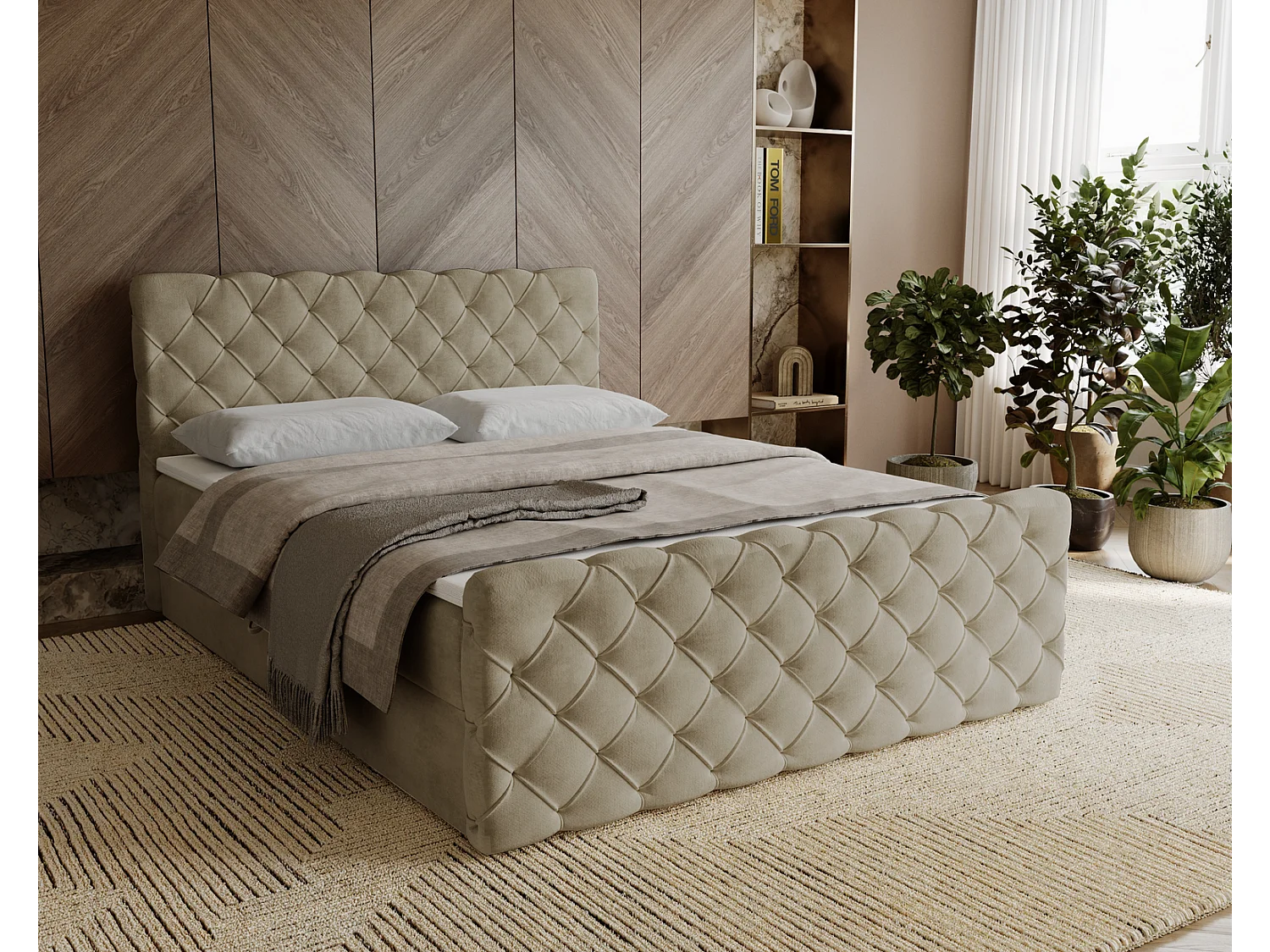 Gestoffeerd bed 160x200 Portofino - bed met opbergruimte, geïntegreerde veringmatras - Tweepersoonsbed beige (Elegance 5)