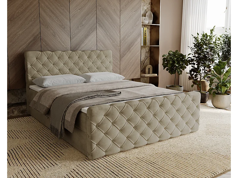 Lit adulte avec Rangement 160x200 Portofino - Lit boxspring, chesterfield, Tissu Velours Beige (Elegance 5)