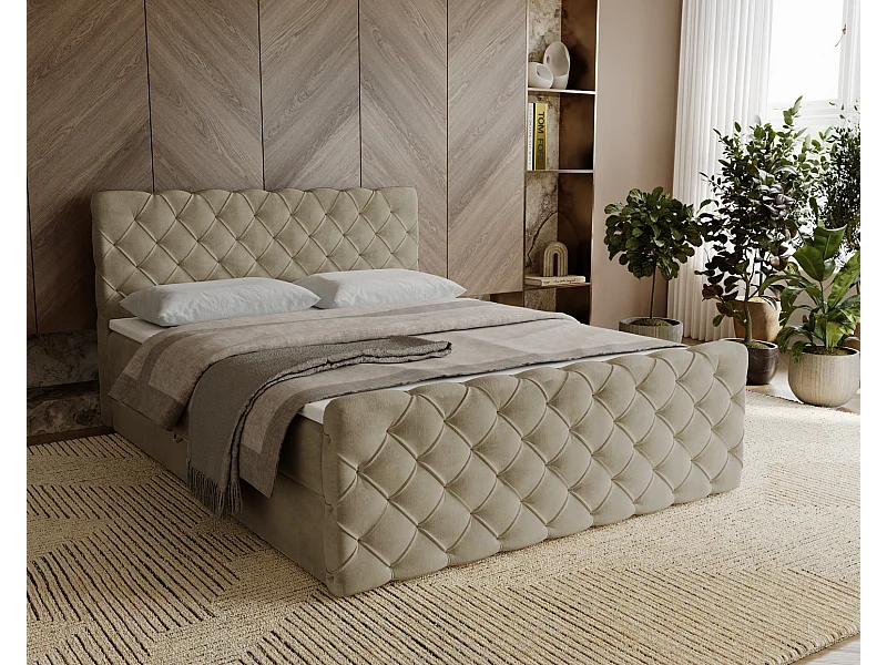 Gestoffeerd bed 160x200 Portofino - bed met opbergruimte, geïntegreerde veringmatras - Tweepersoonsbed beige (Elegance 5)
