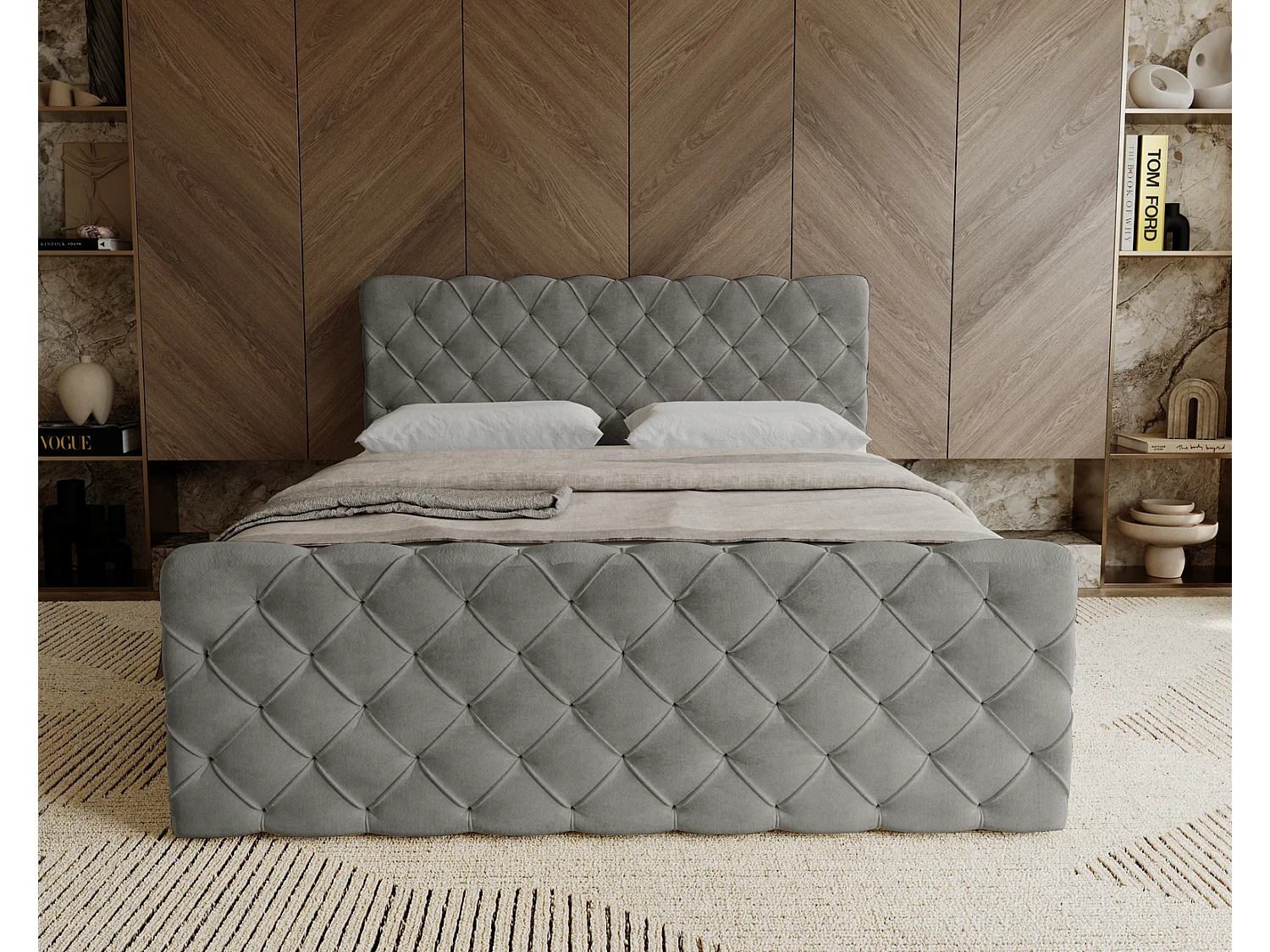 Lit adulte avec Rangement 140x200 Portofino - Lit boxspring, chesterfield, Tissu Velours Gris (Elegance 19)