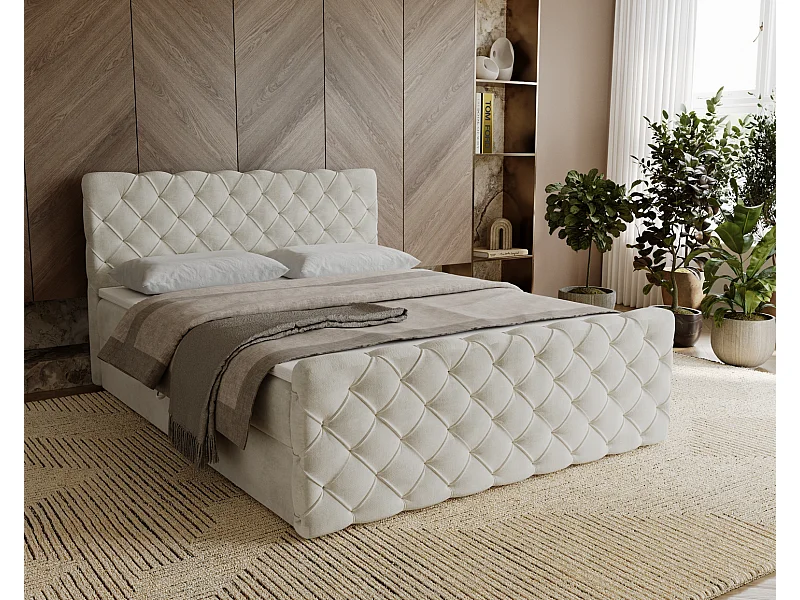 Lit adulte avec Rangement 140x200 Portofino - Lit boxspring, chesterfield, Tissu Velours Crème (Elegance 1)