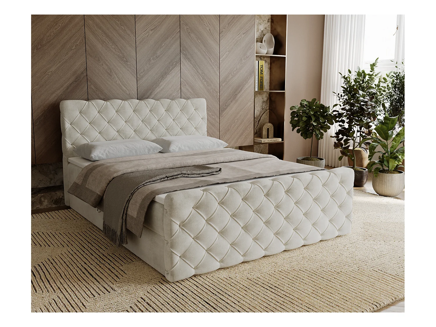 Lit adulte avec Rangement 140x200 Portofino - Lit boxspring, chesterfield, Tissu Velours Crème (Elegance 1)