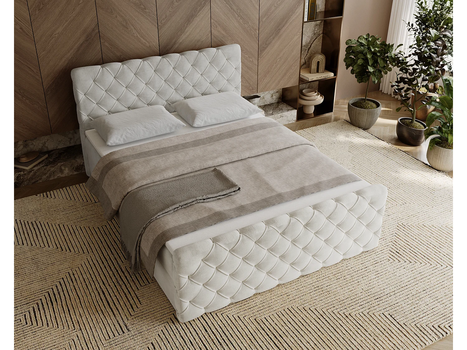 Gestoffeerd bed 140x200 Portofino - bed met opbergruimte, geïntegreerde veringmatras - Tweepersoonsbed crème (Elegance 1)