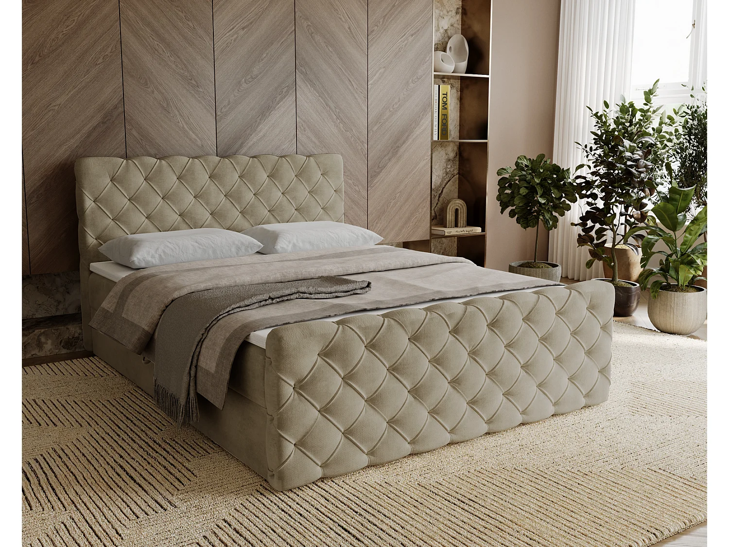 Lit adulte avec Rangement 140x200 Portofino - Lit boxspring, chesterfield, Tissu Velours Beige (Elegance 5)
