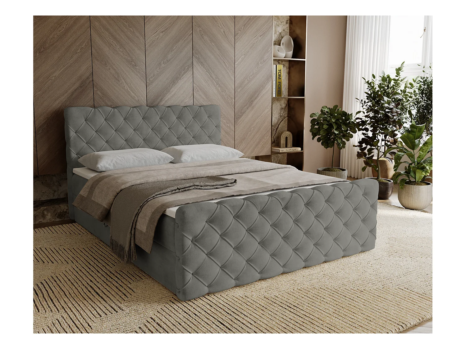 Lit adulte avec Rangement 160x200 Portofino - Lit boxspring, chesterfield, Tissu Velours Gris (Elegance 19)