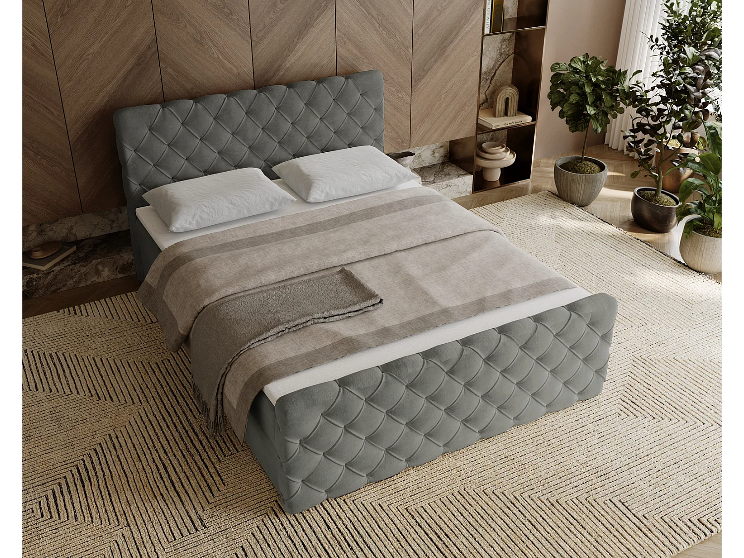 Lit adulte avec Rangement 160x200 Portofino - Lit boxspring, chesterfield, Tissu Velours Gris (Elegance 19)