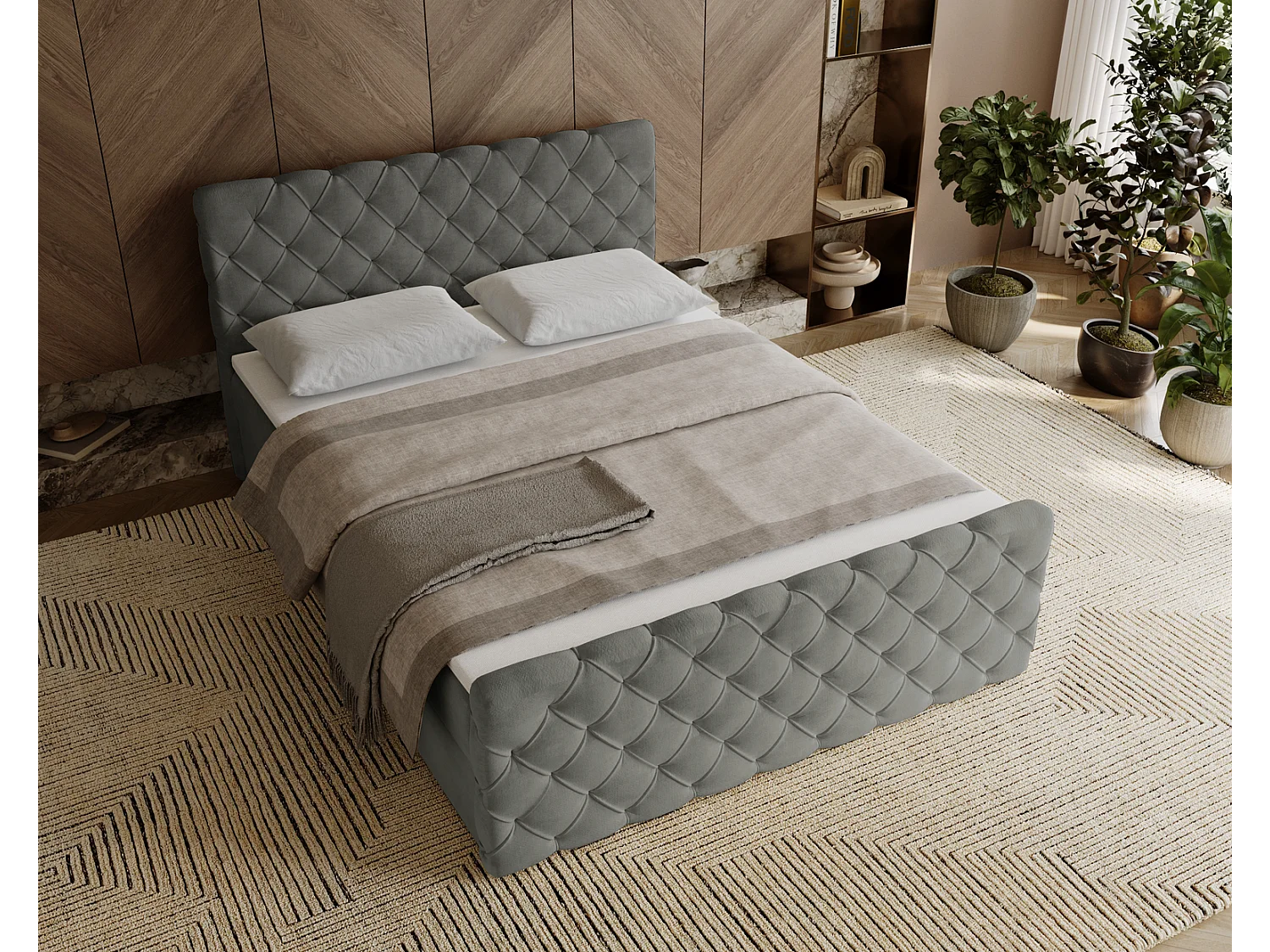 Lit adulte avec Rangement 160x200 Portofino - Lit boxspring, chesterfield, Tissu Velours Gris (Elegance 19)