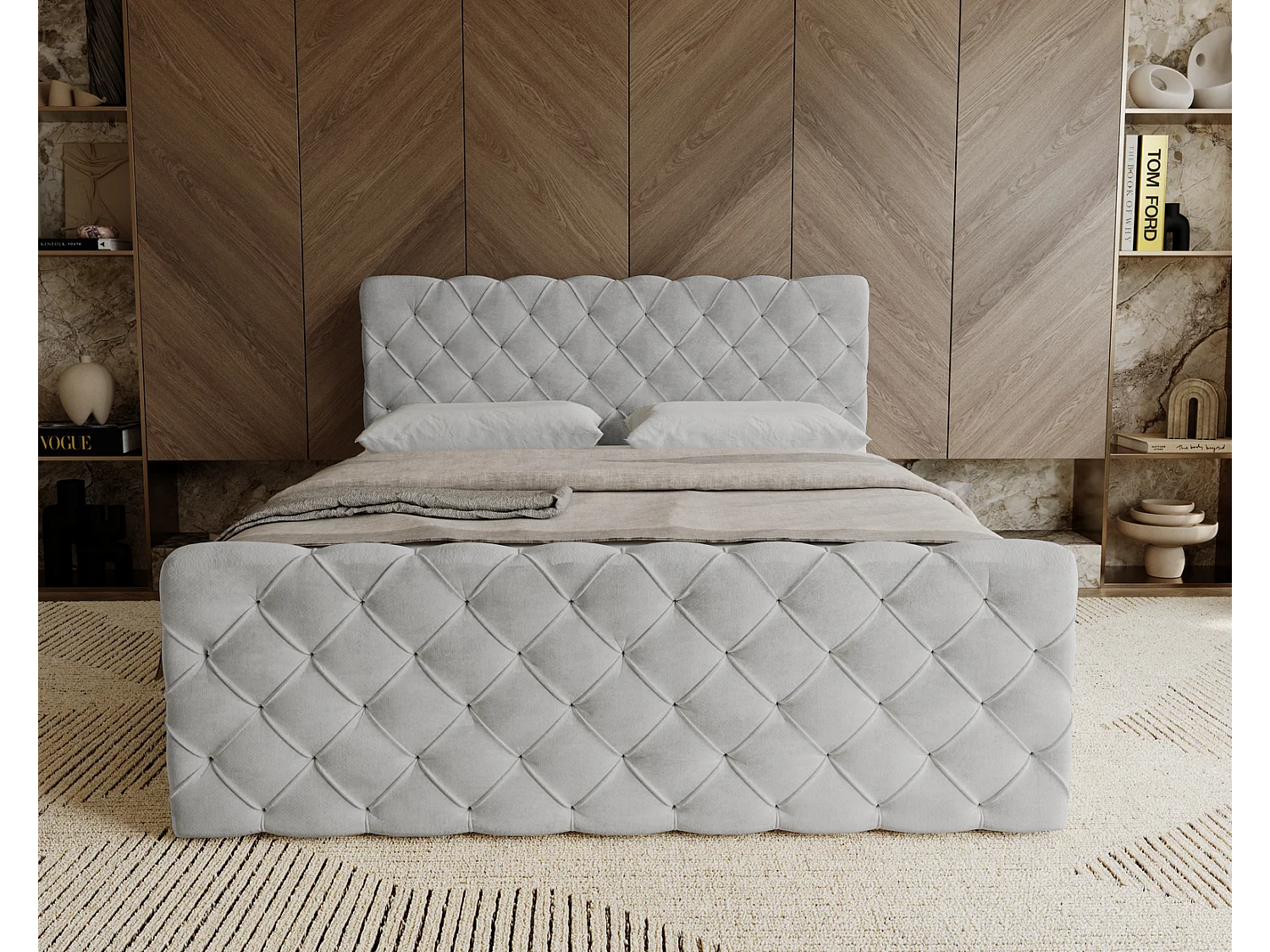 Lit adulte avec Rangement 140x200 Portofino - Lit boxspring, chesterfield, Tissu Velours Gris clair (Elegance 13)