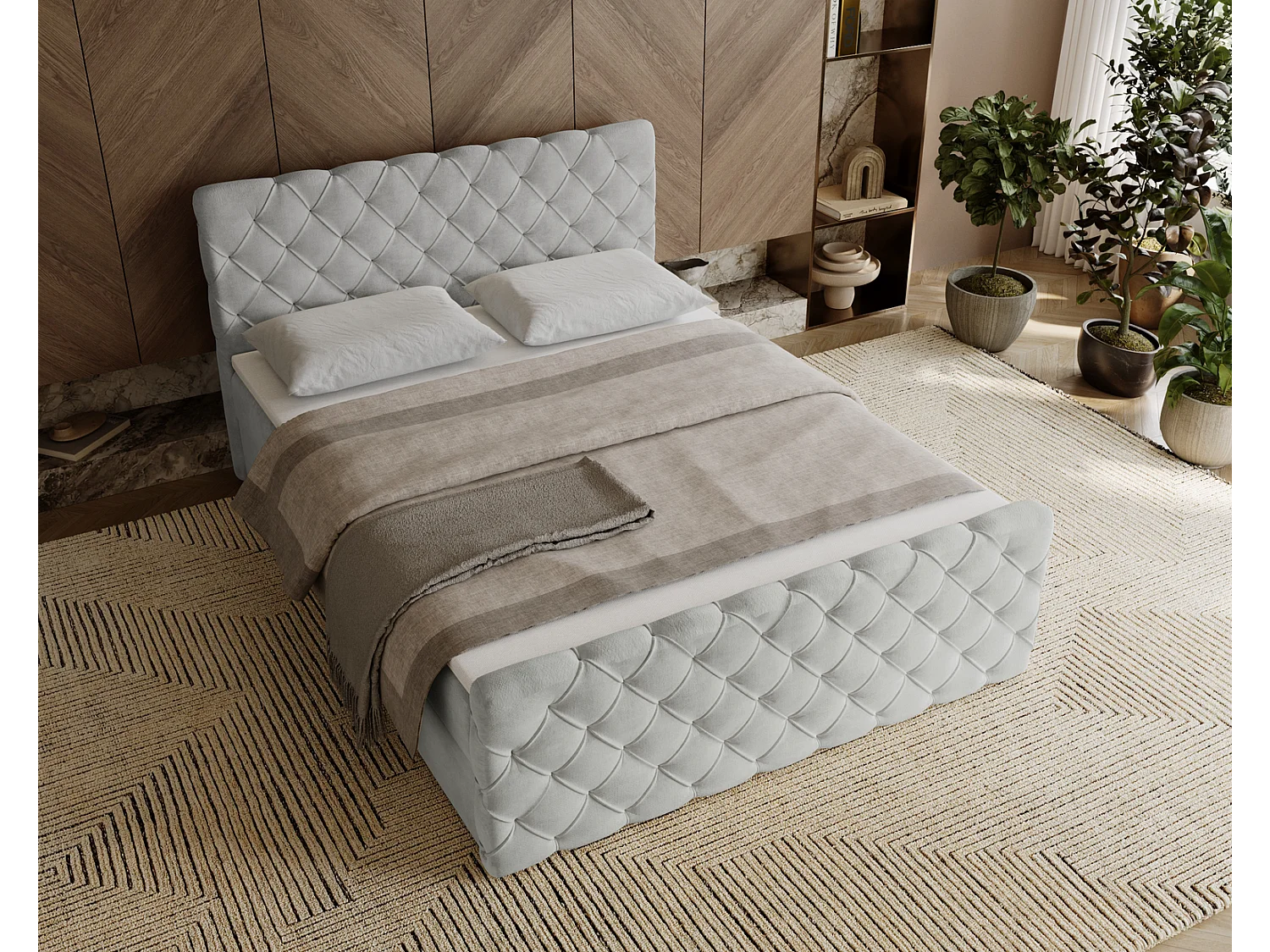 Lit adulte avec Rangement 140x200 Portofino - Lit boxspring, chesterfield, Tissu Velours Gris clair (Elegance 13)