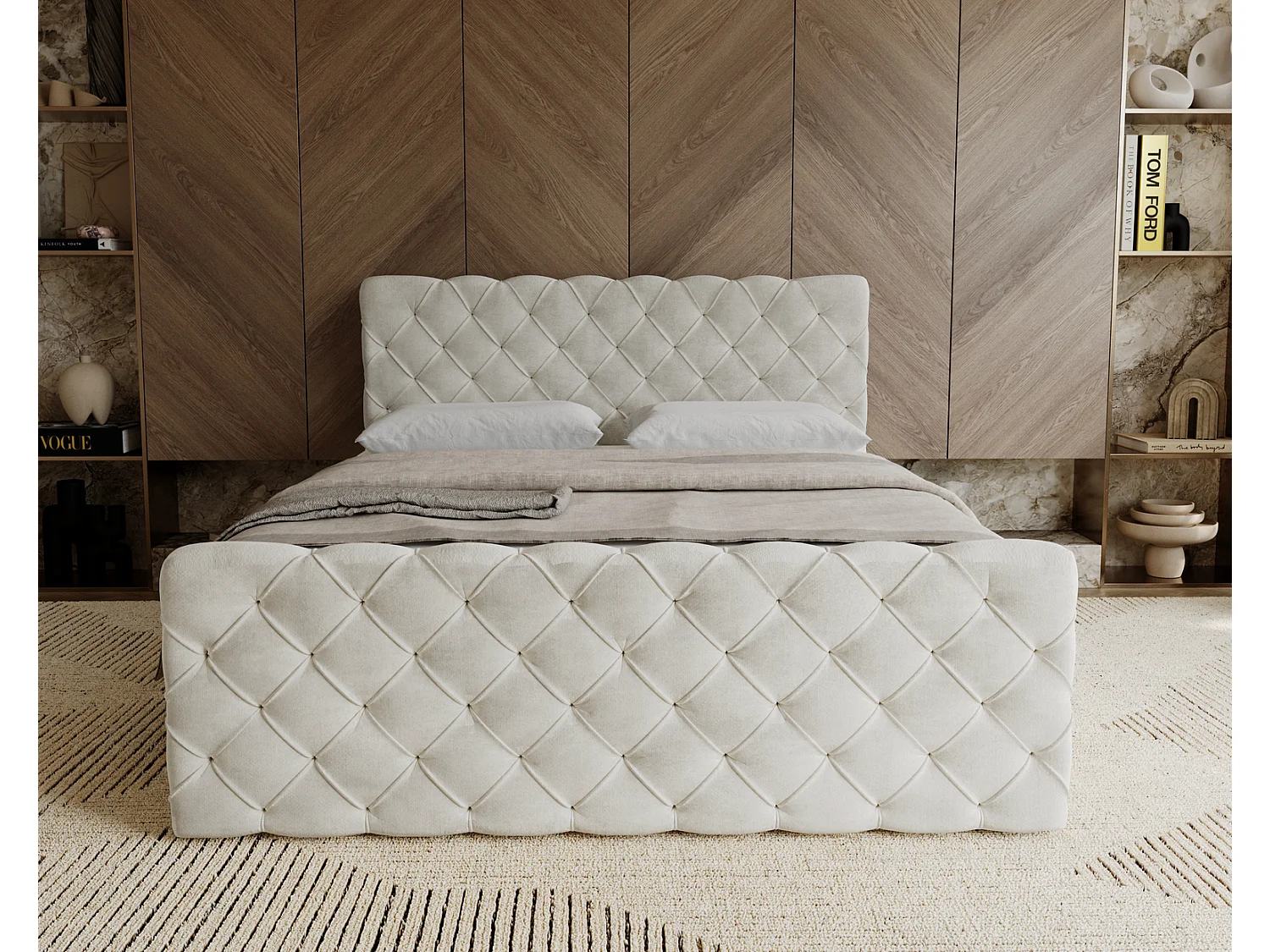 Lit adulte avec Rangement 180x200 Portofino - Lit boxspring, chesterfield, Tissu Velours Crème (Elegance 1)