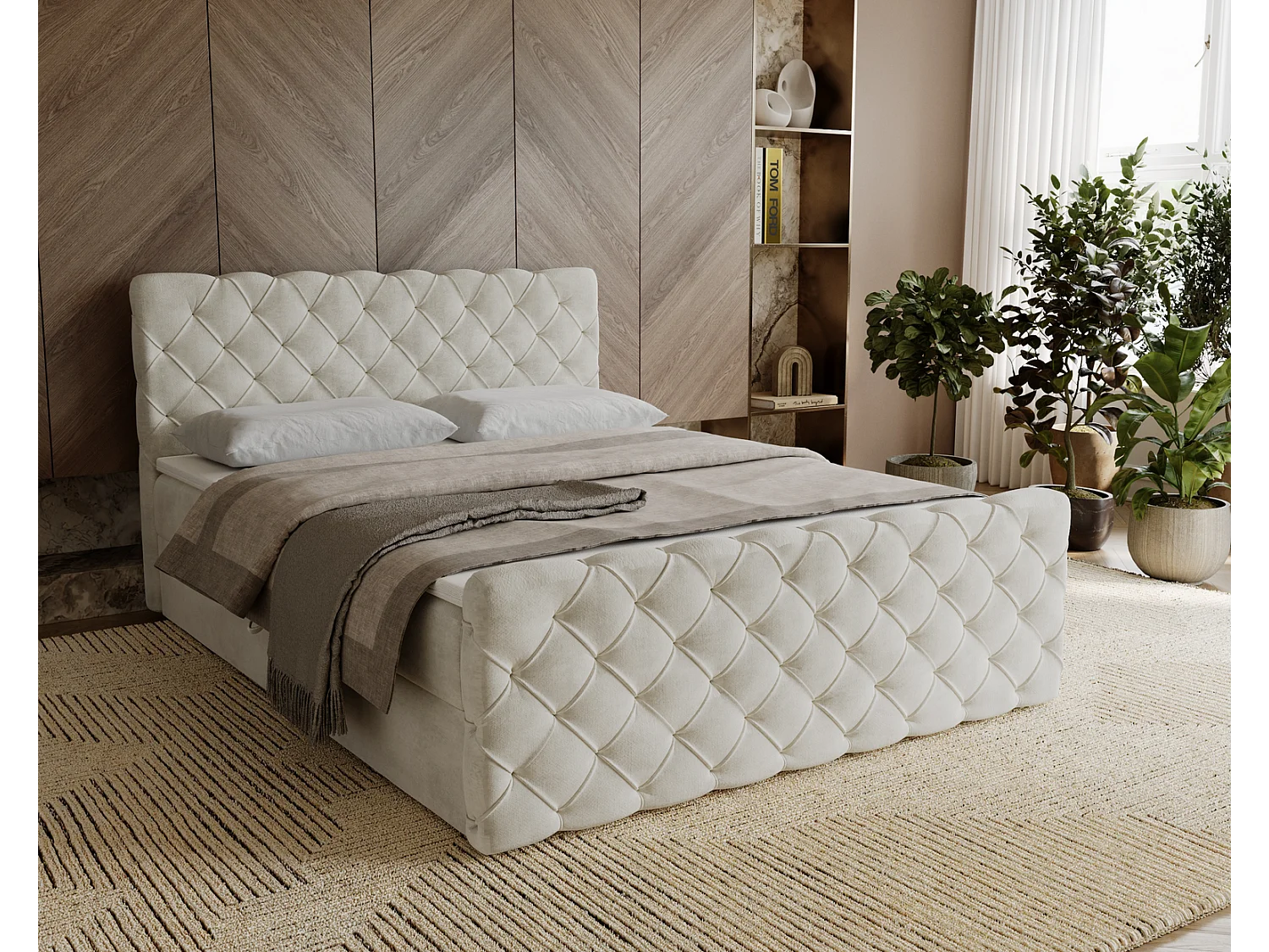 Lit adulte avec Rangement 180x200 Portofino - Lit boxspring, chesterfield, Tissu Velours Crème (Elegance 1)