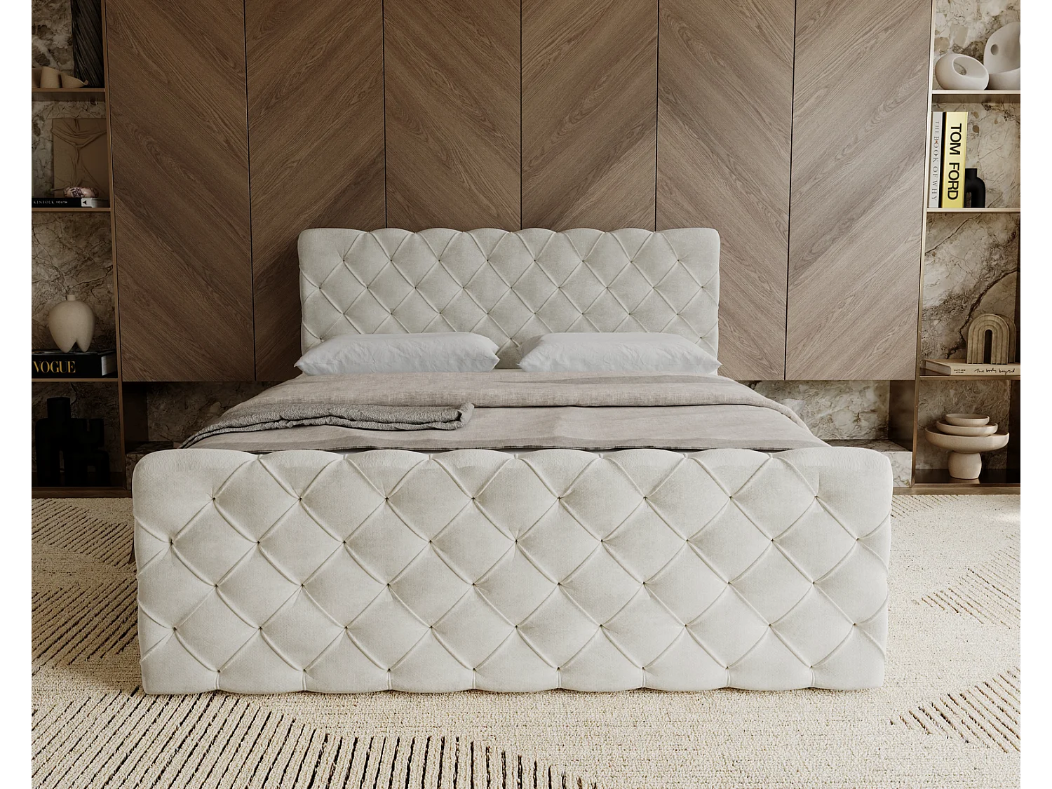 Lit adulte avec Rangement 180x200 Portofino - Lit boxspring, chesterfield, Tissu Velours Crème (Elegance 1)