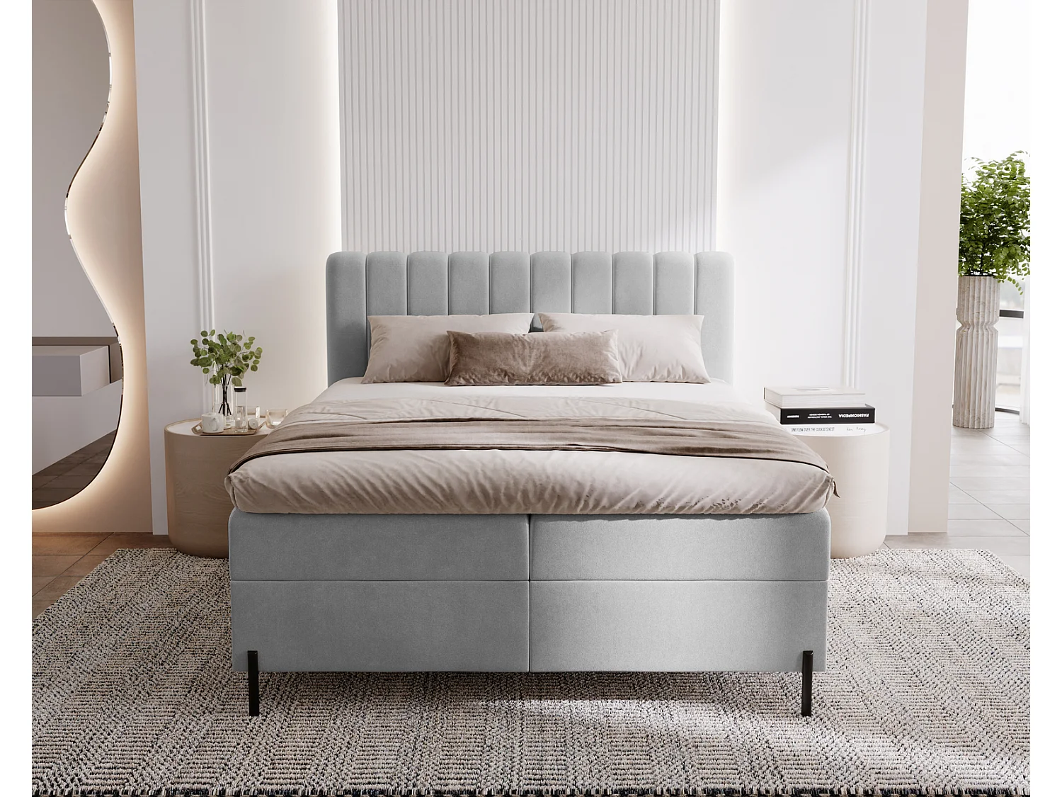 Lit adulte 140 x 200 Florence Box - Lit avec Rangement et Matelas Ressorts ensachés, Lit Gris clair (Komodo 20)
