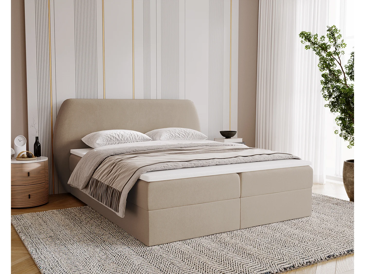 Lit adulte 140x200 cm Cartagena - Lit capitonné avec Rangement, Matelas H3 - Lit double Beige (Komodo 11)