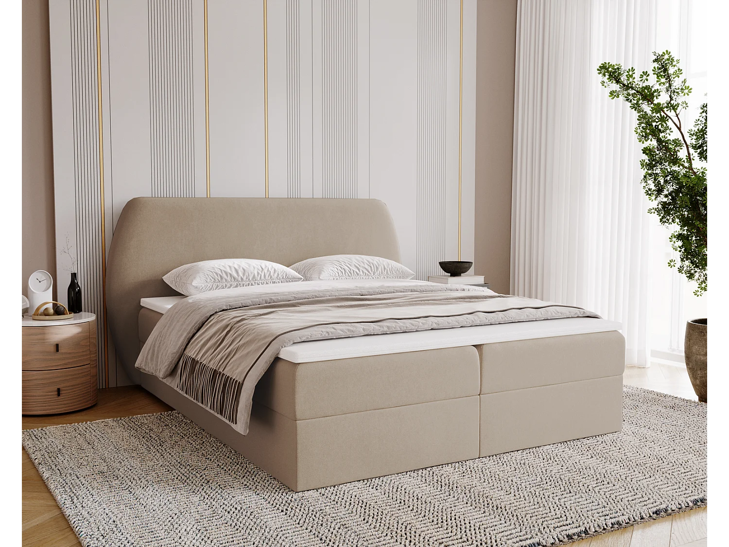 Boxspringbed 140x200 Cartagena - bed met geïntegreerde veringmatras, topper, opbergruimte - gestoffeerd bed beige (Komodo 11)