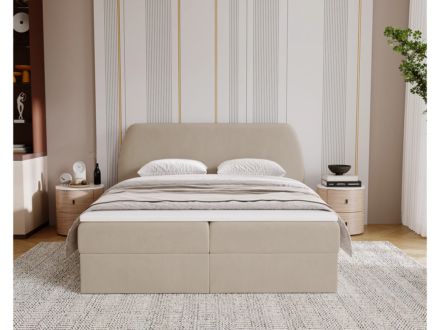 Lit adulte 160x200 cm Cartagena - Lit capitonné avec Rangement, Matelas H3 - Lit double Beige (Komodo 11)