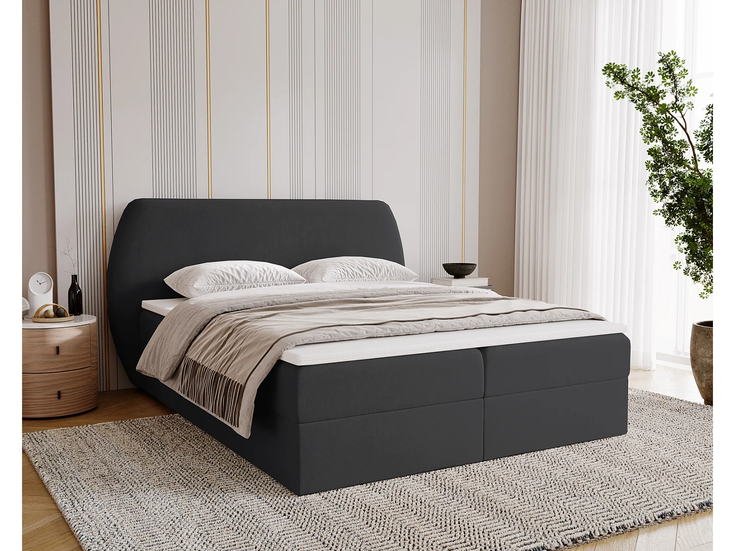 Boxspringbed 140x200 Cartagena - bed met geïntegreerde veringmatras, topper, opbergruimte - gestoffeerd bed zwart (Komodo 23)