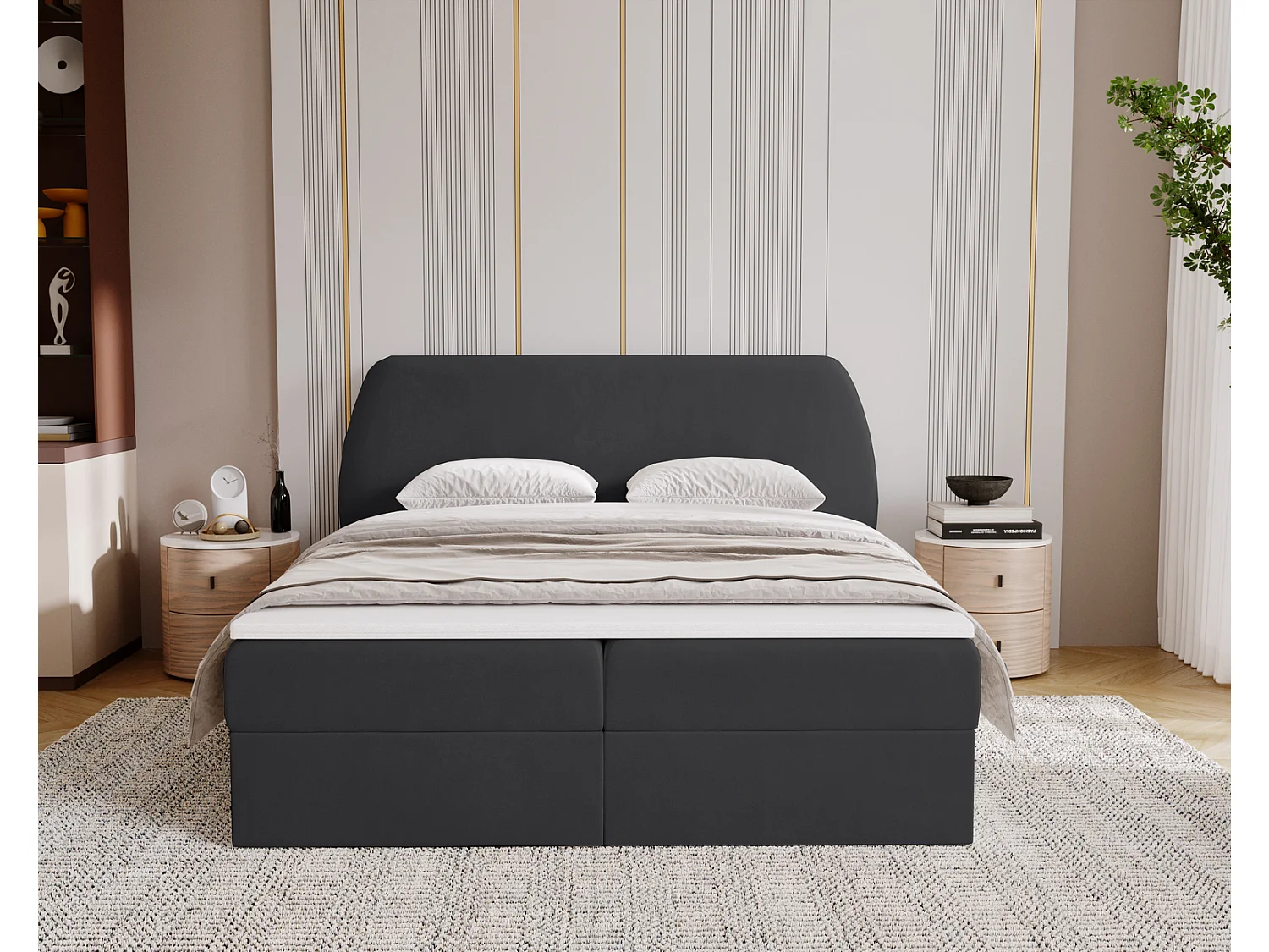 Lit adulte 140x200 cm Cartagena - Lit capitonné avec Rangement, Matelas H3 - Lit double Noir (Komodo 23)