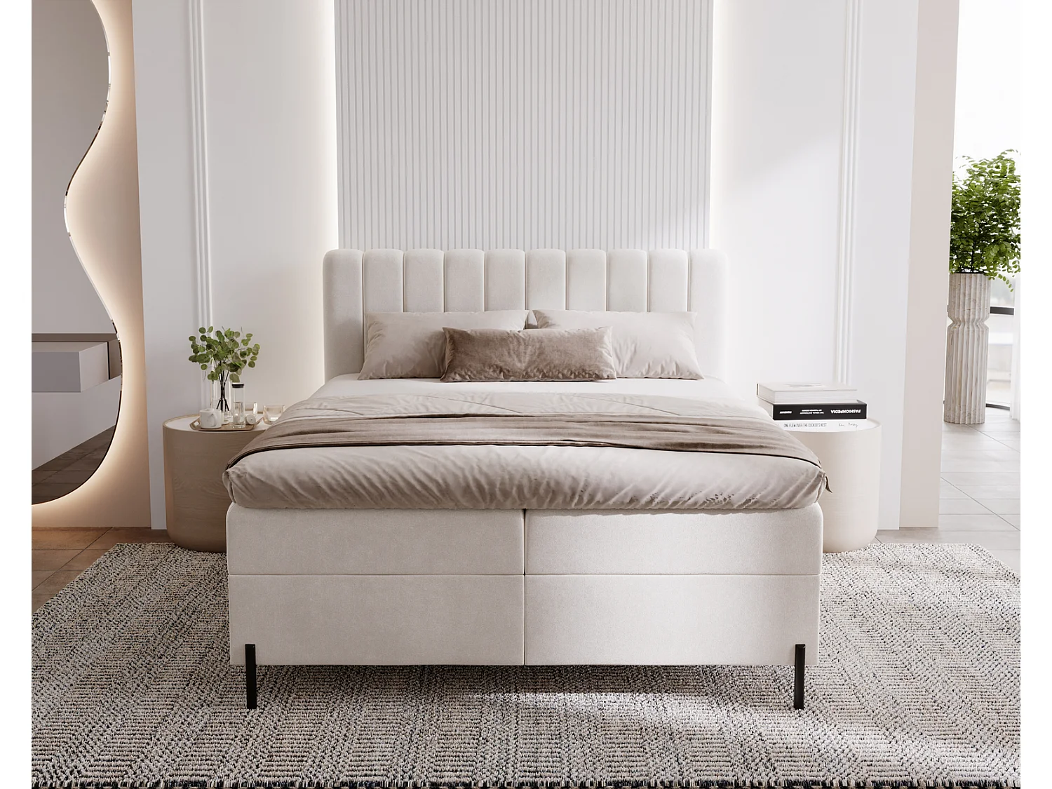 Lit adulte 140 x 200 Florence Box - Lit avec Rangement et Matelas Ressorts ensachés, Lit Crème (Komodo 10)