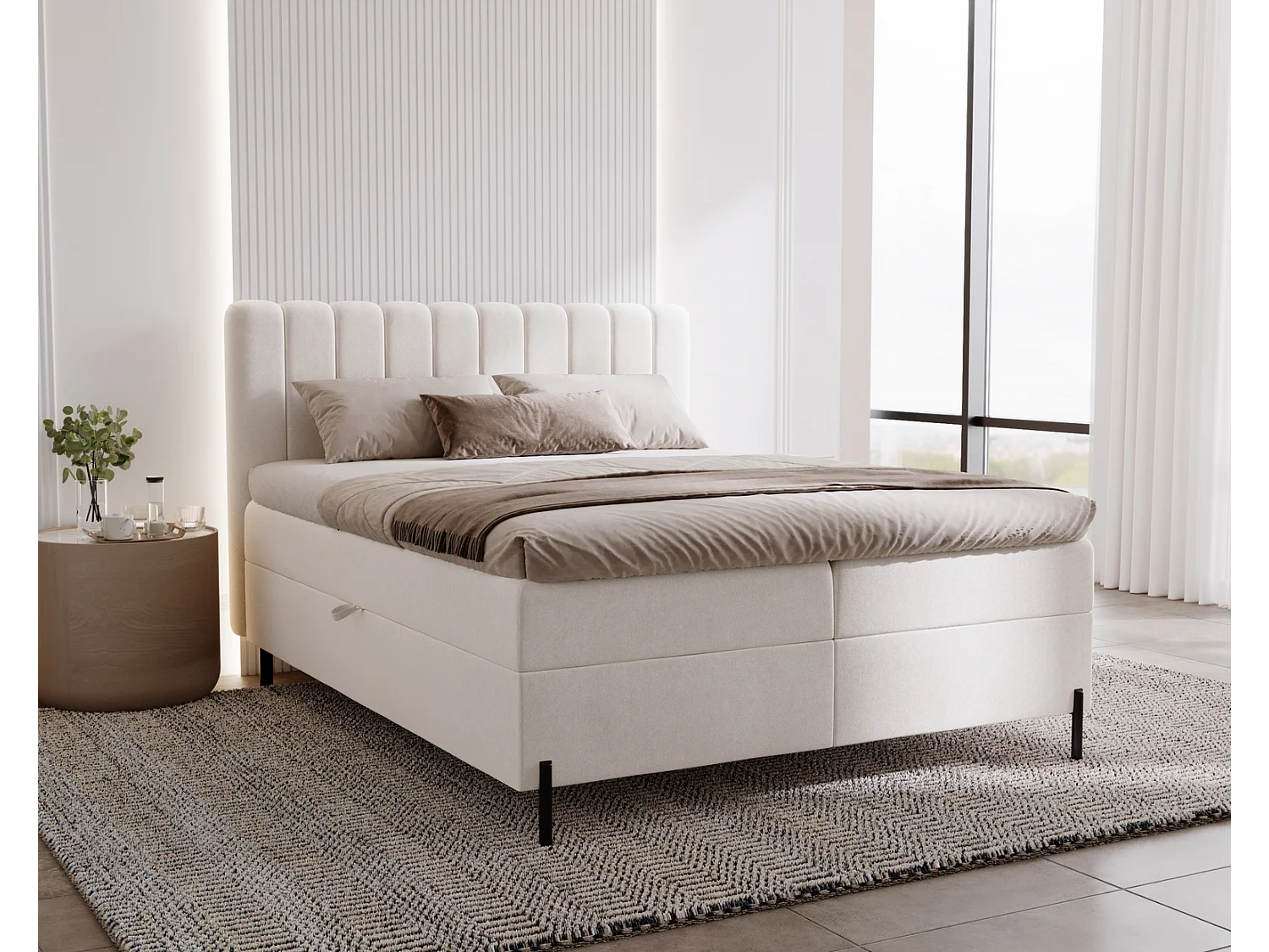 Tweepersoonsbed 140x200 Florence Box, gestoffeerd bed met opbergruimte - bed met matras en topper, crème (Komodo 10)
