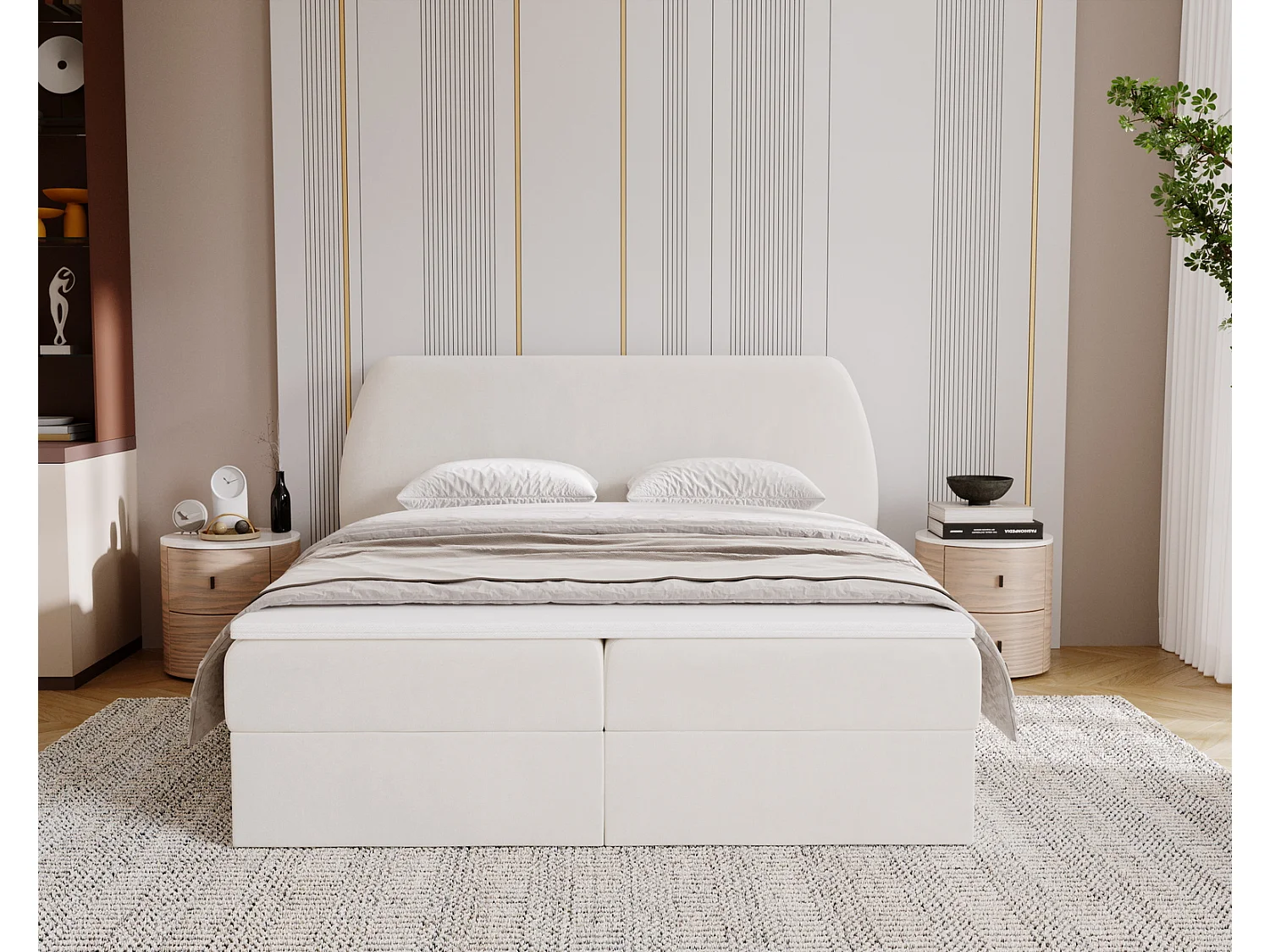 Lit adulte 180x200 cm Cartagena - Lit capitonné avec Rangement, Matelas H3 - Lit double Crème (Komodo 10)
