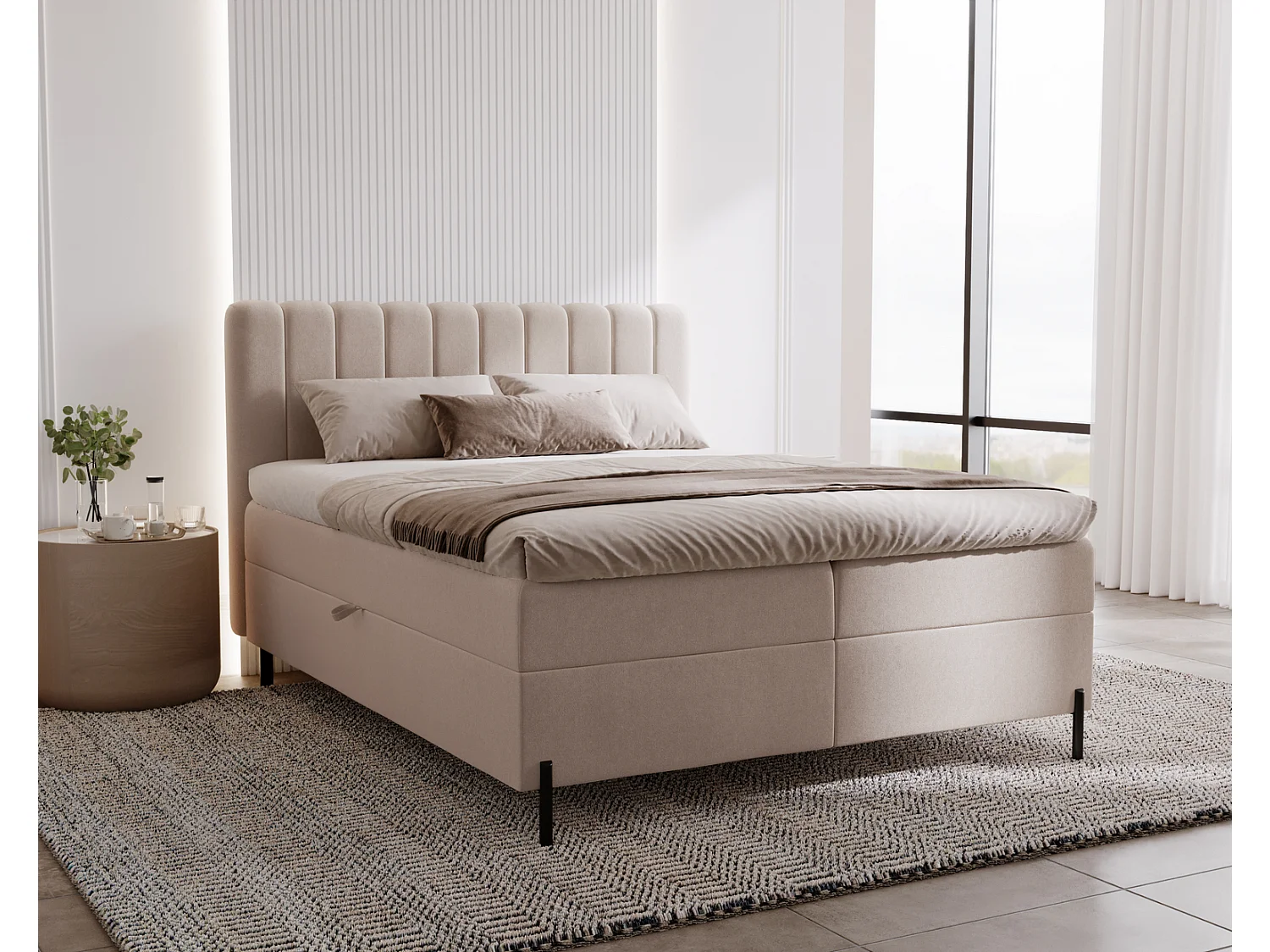 Tweepersoonsbed 180x200 Florence Box, gestoffeerd bed met opbergruimte - bed met matras en topper, beige (Komodo 11)