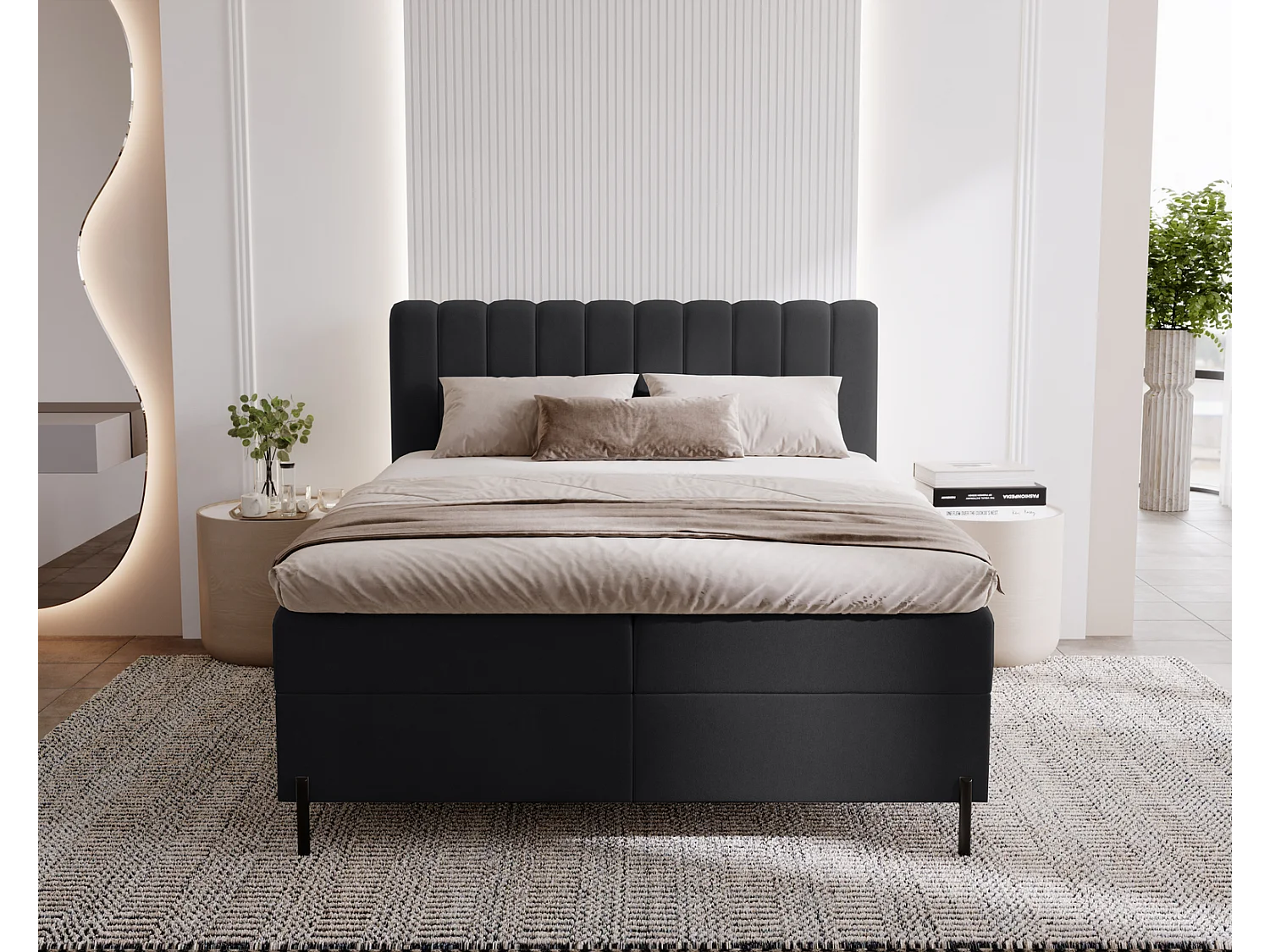 Tweepersoonsbed 140x200 Florence Box, gestoffeerd bed met opbergruimte - bed met matras en topper, zwart (Komodo 23)