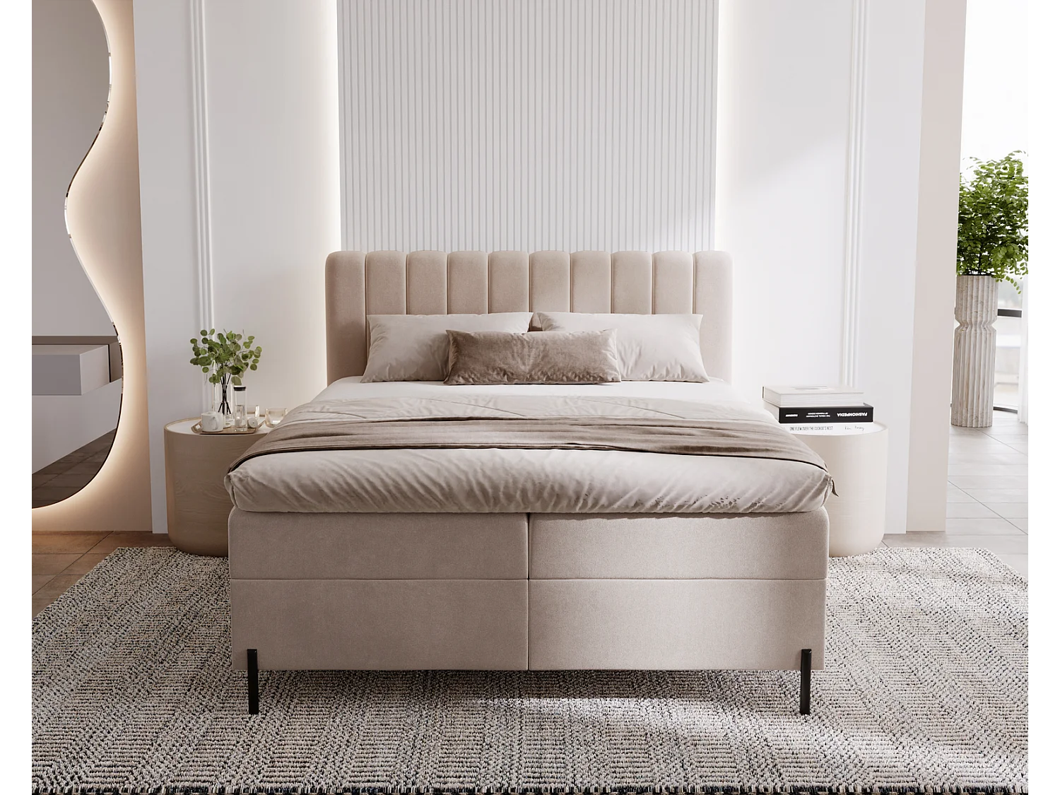 Tweepersoonsbed 140x200 Florence Box, gestoffeerd bed met opbergruimte - bed met matras en topper, beige (Komodo 11)
