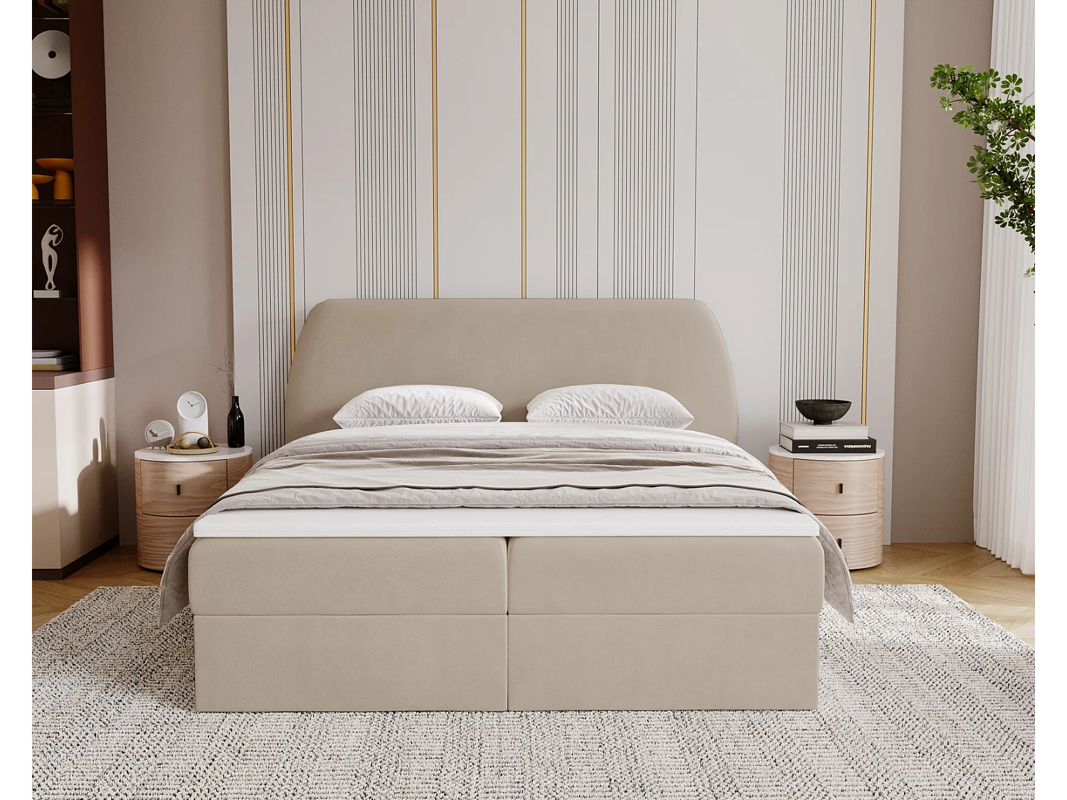 Lit adulte 180x200 cm Cartagena - Lit capitonné avec Rangement, Matelas H3 - Lit double Beige (Komodo 11)