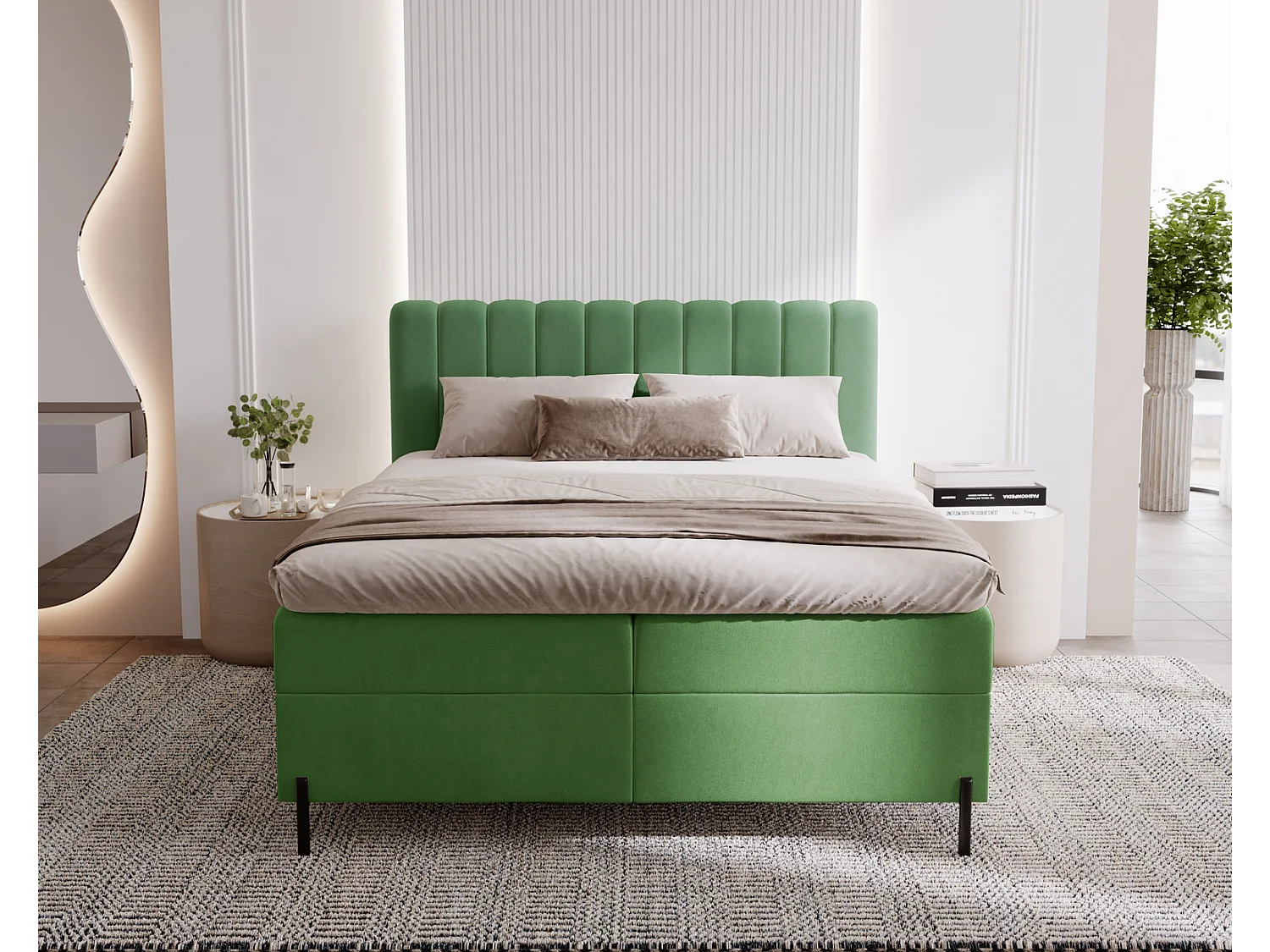Tweepersoonsbed 160x200 Florence Box, gestoffeerd bed met opbergruimte - bed met matras en topper, vert (Komodo 61)