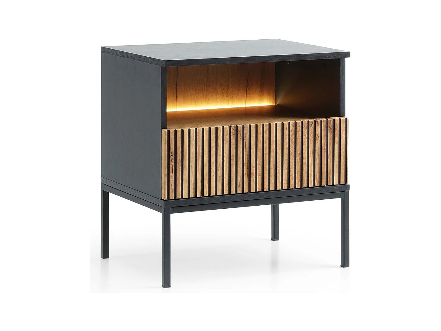 Table de chevet 50 cm Haller - Lamelles, Loft, éclairage LED - Table de nuit avec tiroir (Noir + Marron)
