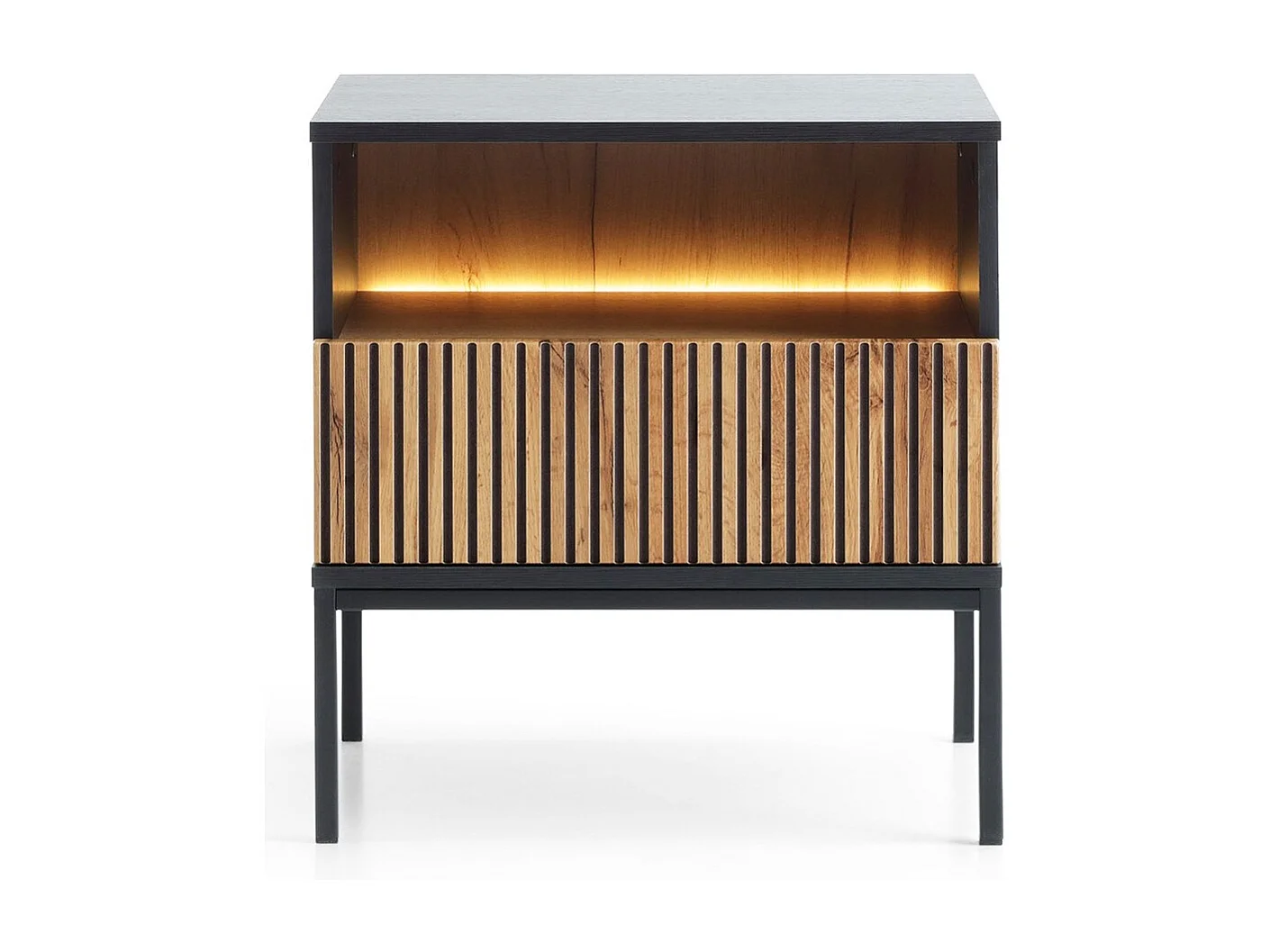 Table de chevet 50 cm Haller - Lamelles, Loft, éclairage LED - Table de nuit avec tiroir (Noir + Marron)