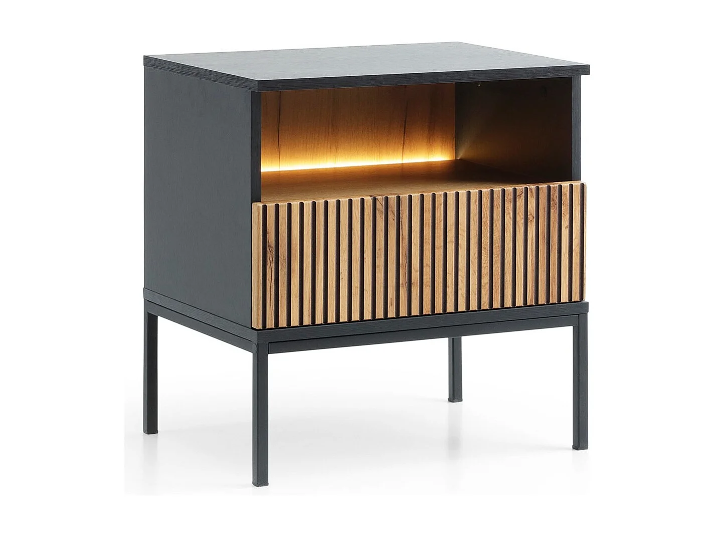Nachttisch 50 cm Haller - Lamellen, LED-Beleuchtung, Loft - Nachtschrank, Schwarz + Braun
