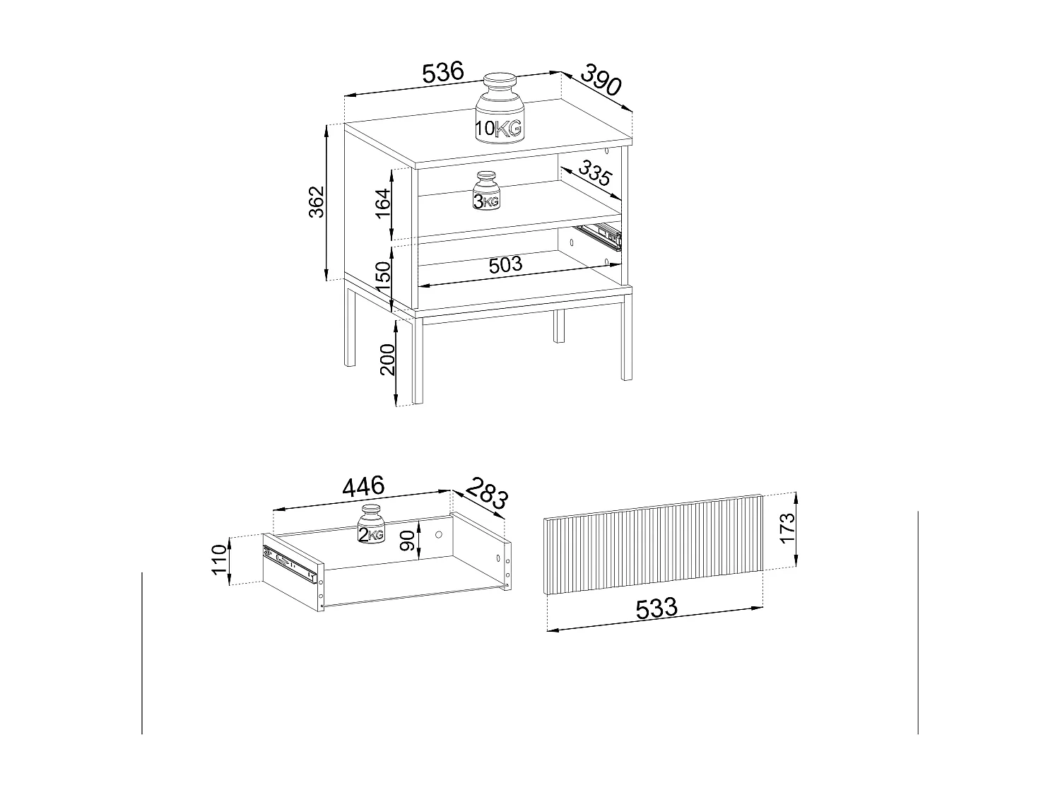 Nachttisch 50 cm Haller - Lamellen, LED-Beleuchtung, Loft - Nachtschrank, Schwarz + Braun