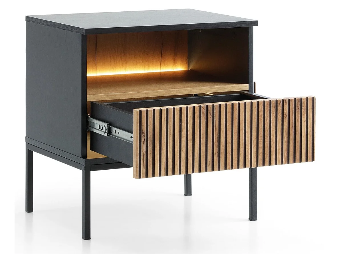 Nachttisch 50 cm Haller - Lamellen, LED-Beleuchtung, Loft - Nachtschrank, Schwarz + Braun