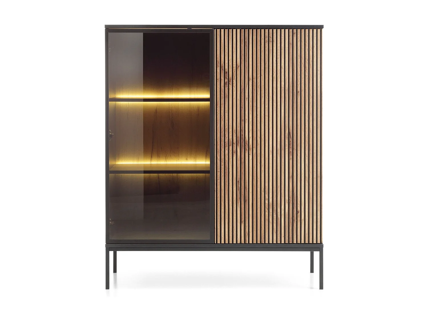 Emporius Haller witryna szklana na nóżkach - komoda w stylu loft, szklane drzwi, oświetlenie LED - witryna 100 cm do salonu z lamelami