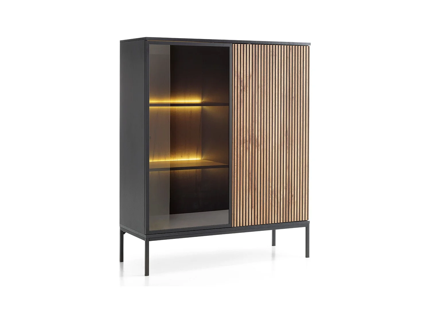 Vitrine en verre loft avec éclairage LED Haller - Commode 100 cm, 2 Portes, Loft, Industriel (Noir + Marron)
