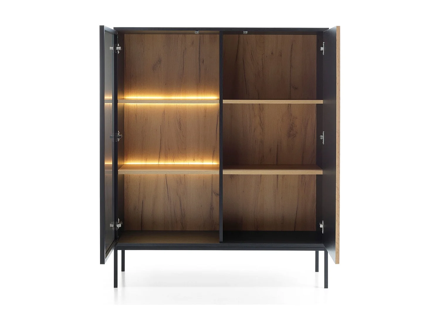 Vitrine en verre loft avec éclairage LED Haller - Commode 100 cm, 2 Portes, Loft, Industriel (Noir + Marron)