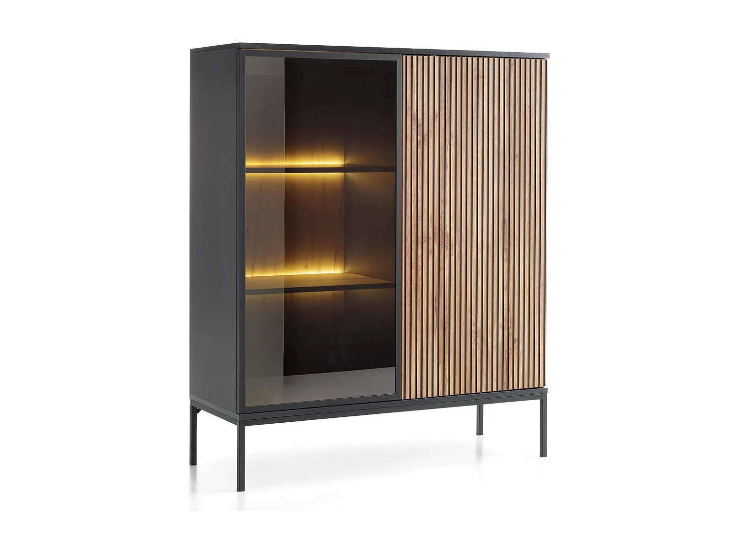Vitrine 100 cm Haller - Loft Stil, LED-Beleuchtung, Lamellen, Schwarz + Braun