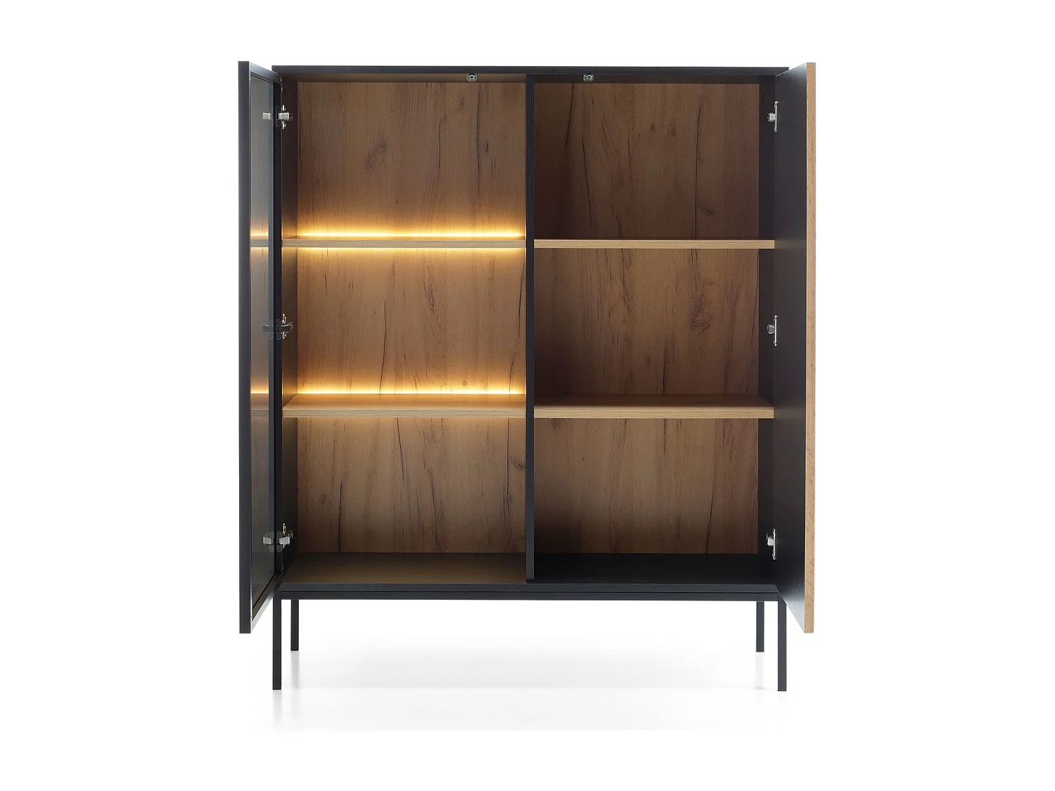 Vitrine 100 cm Haller - Loft Stil, LED-Beleuchtung, Lamellen, Schwarz + Braun
