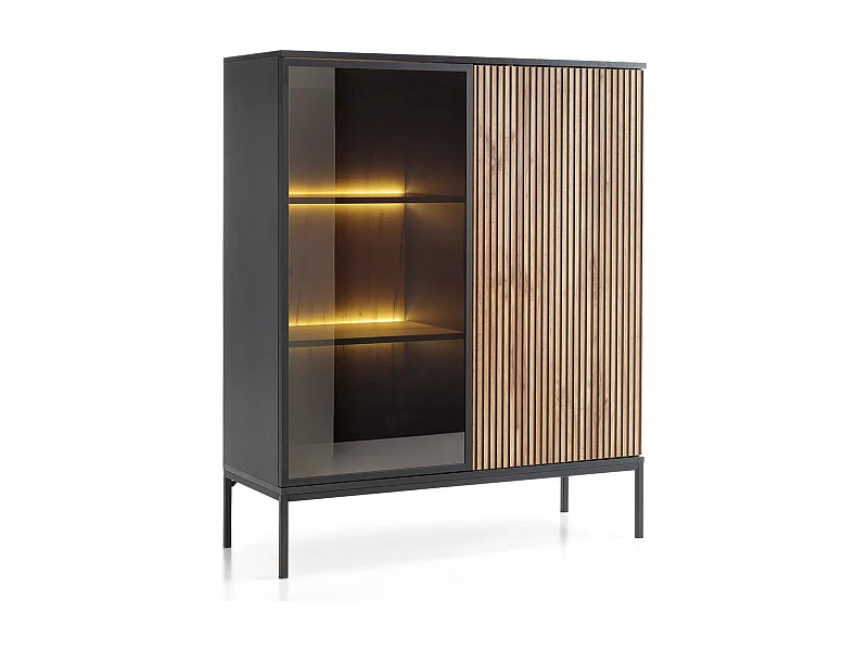 Emporius Haller witryna szklana na nóżkach - komoda w stylu loft, szklane drzwi, oświetlenie LED - witryna 100 cm do salonu z lamelami