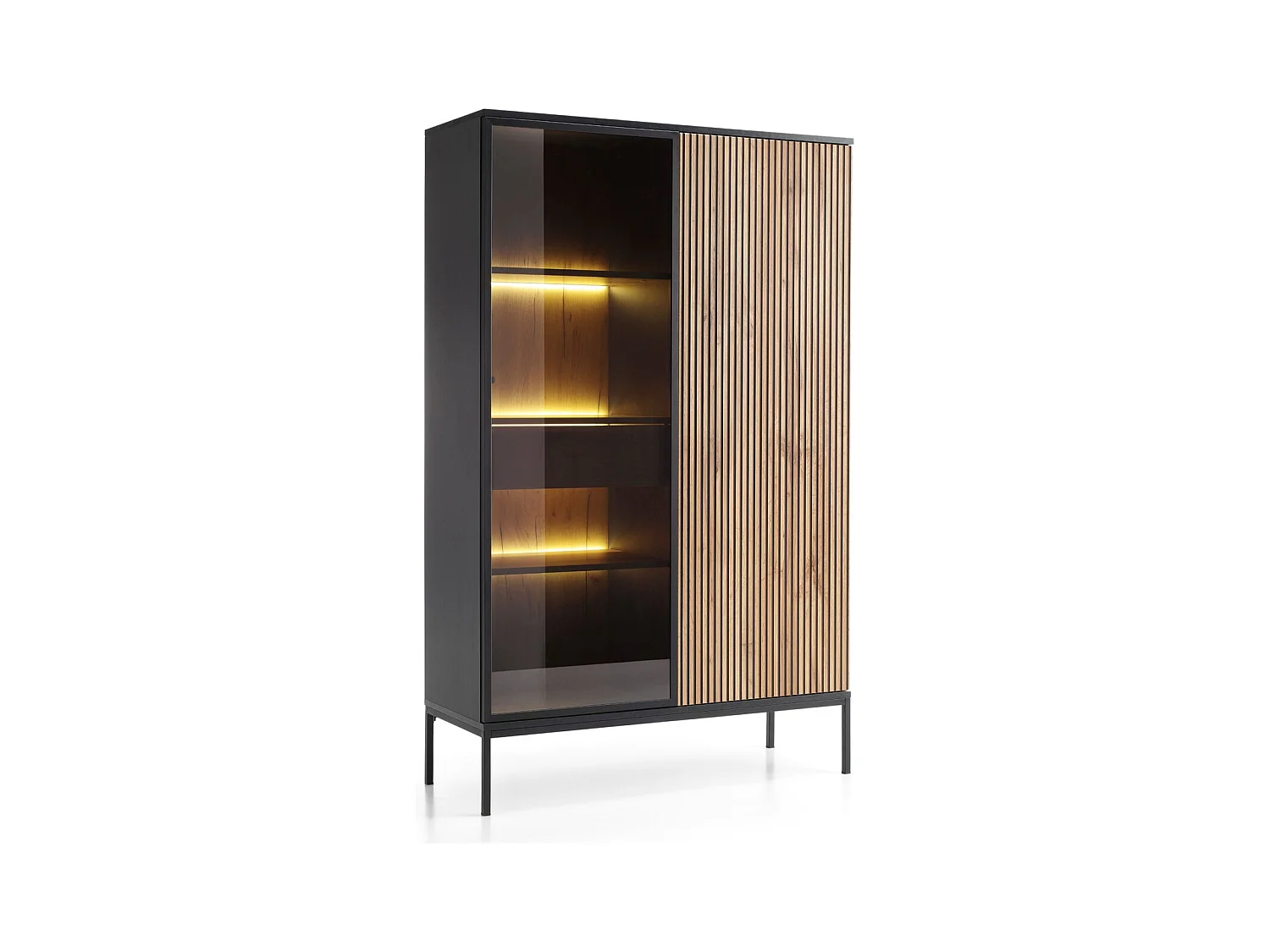 Vitrine 160 cm Haller - Commode loft, Vitrine avec éclairage LED, 2 Portes, Loft, Industriel (Noir + Marron)