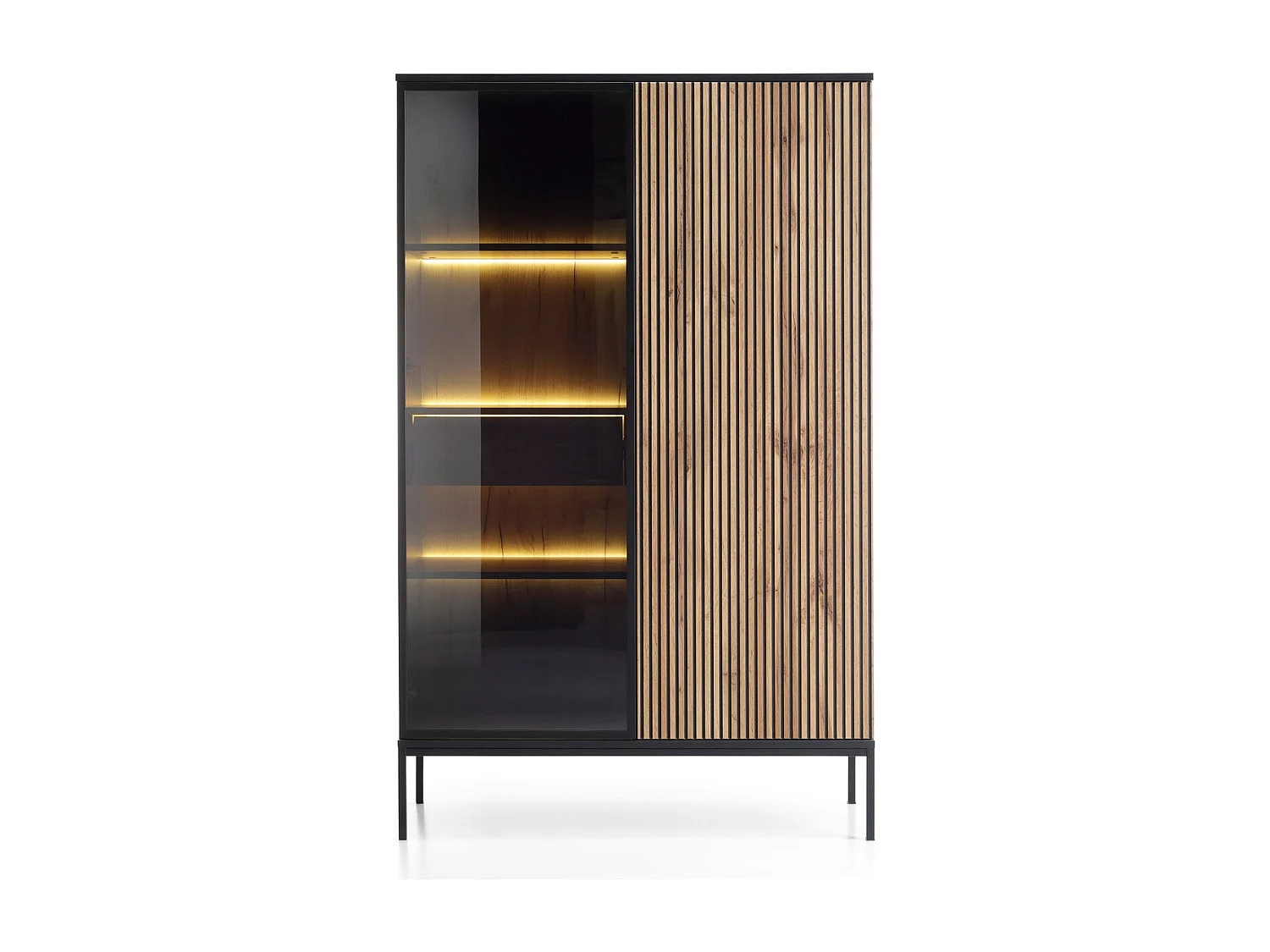 Vitrine 160 cm mit Schublade Haller - Loft Stil, LED-Beleuchtung, Lamellen (Schwarz + Braun)