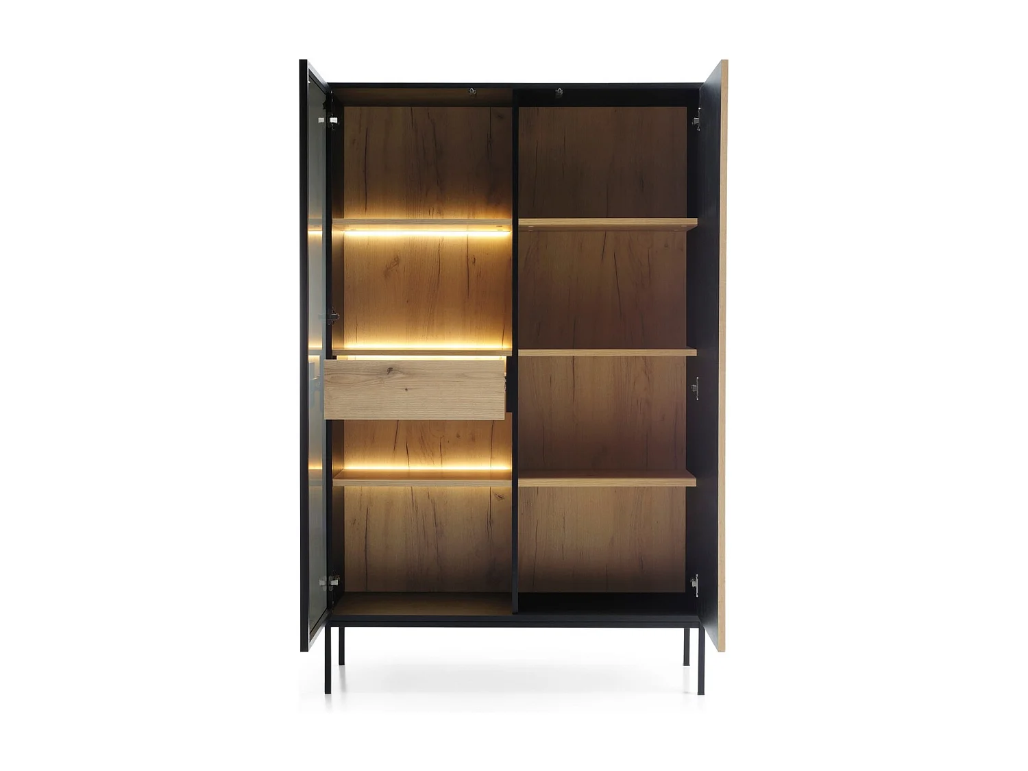 Vitrine 160 cm mit Schublade Haller - Loft Stil, LED-Beleuchtung, Lamellen (Schwarz + Braun)