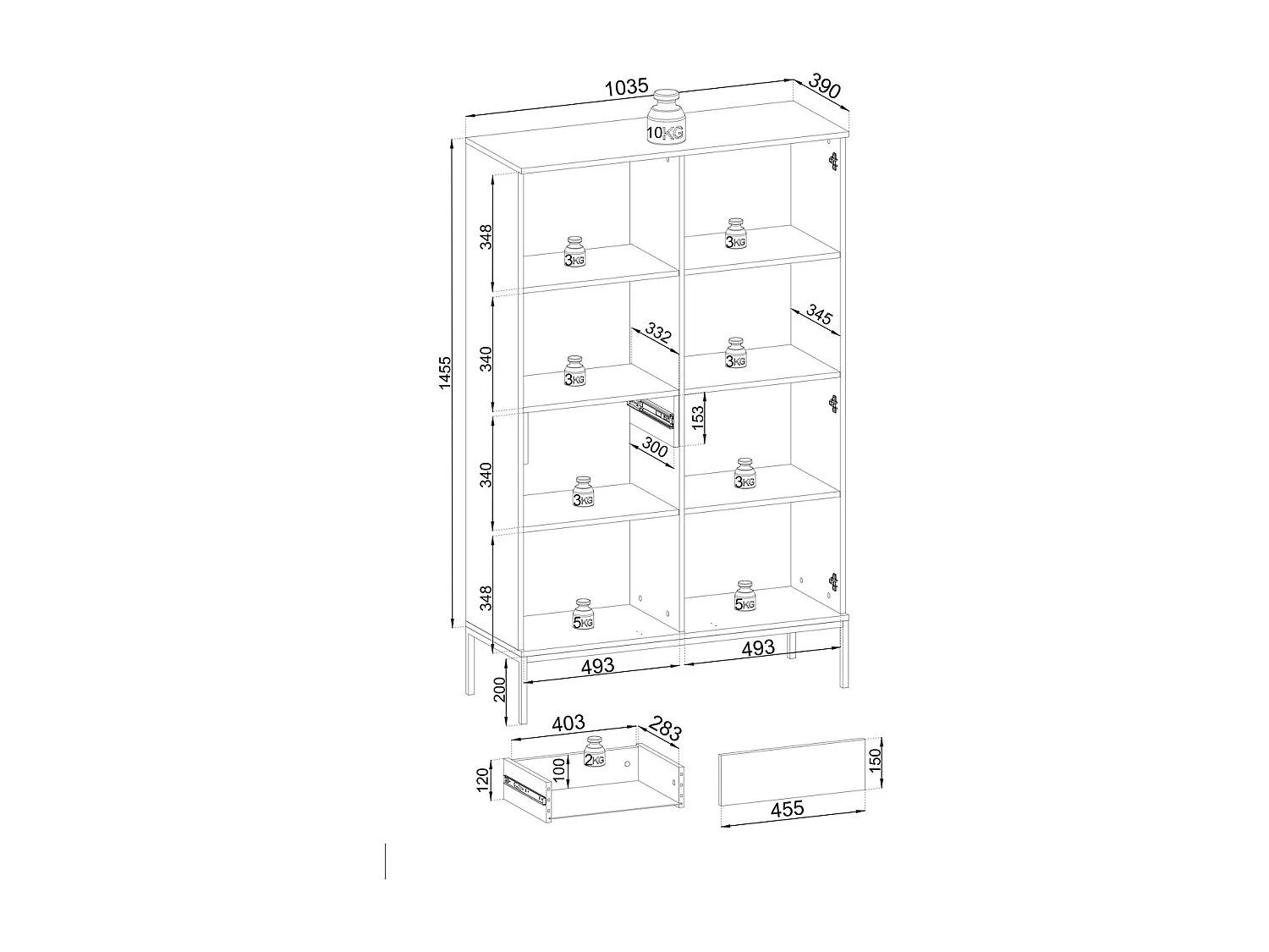 Vitrine 160 cm mit Schublade Haller - Loft Stil, LED-Beleuchtung, Lamellen (Schwarz + Braun)