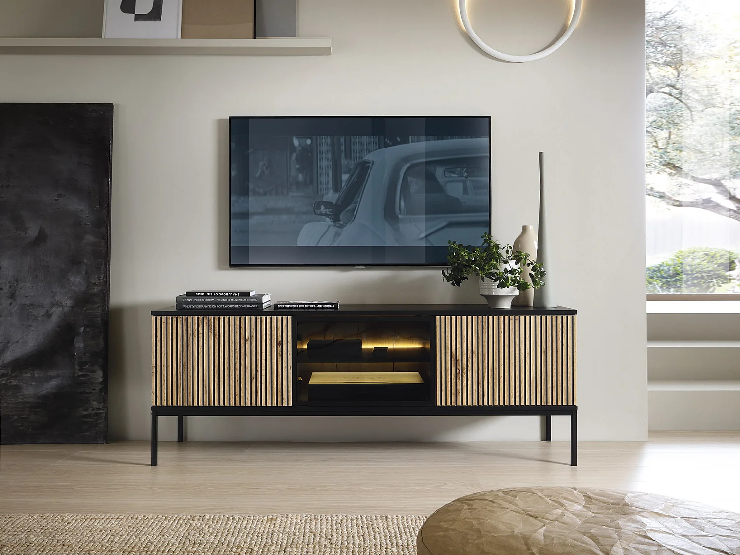 TV-Schrank 150 cm Haller - Lamellen, LED-Beleuchtung, Loft - TV-Lowboard, Schwarz + Braun