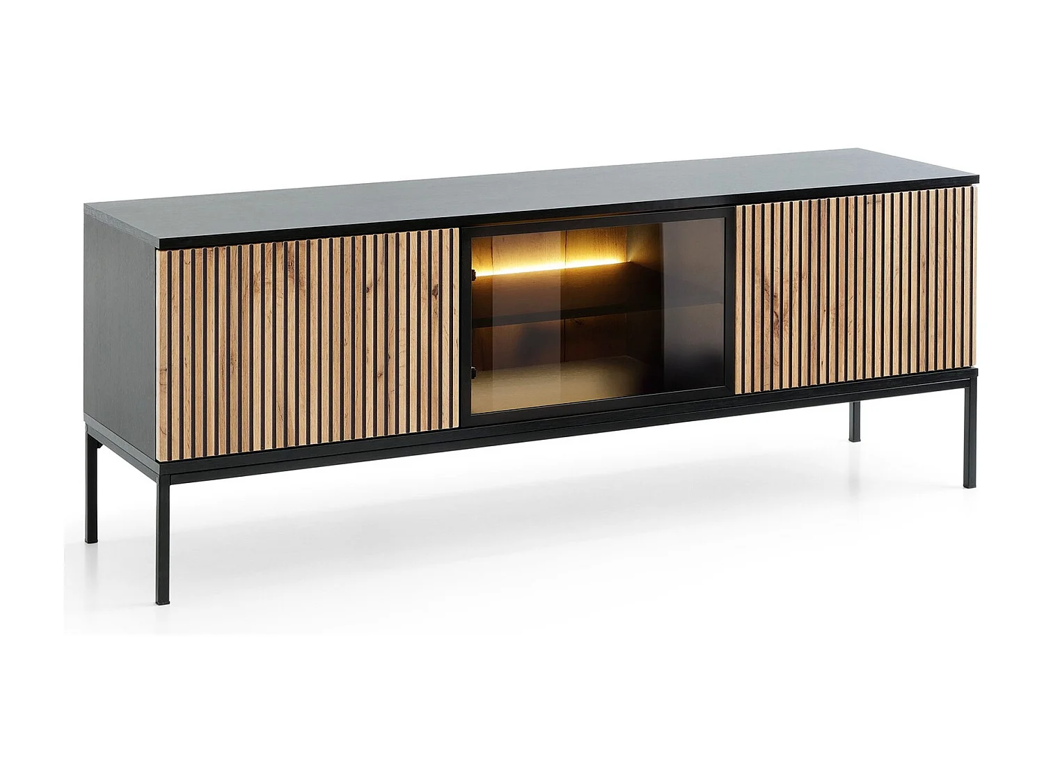TV-Schrank 150 cm Haller - Lamellen, LED-Beleuchtung, Loft - TV-Lowboard, Schwarz + Braun